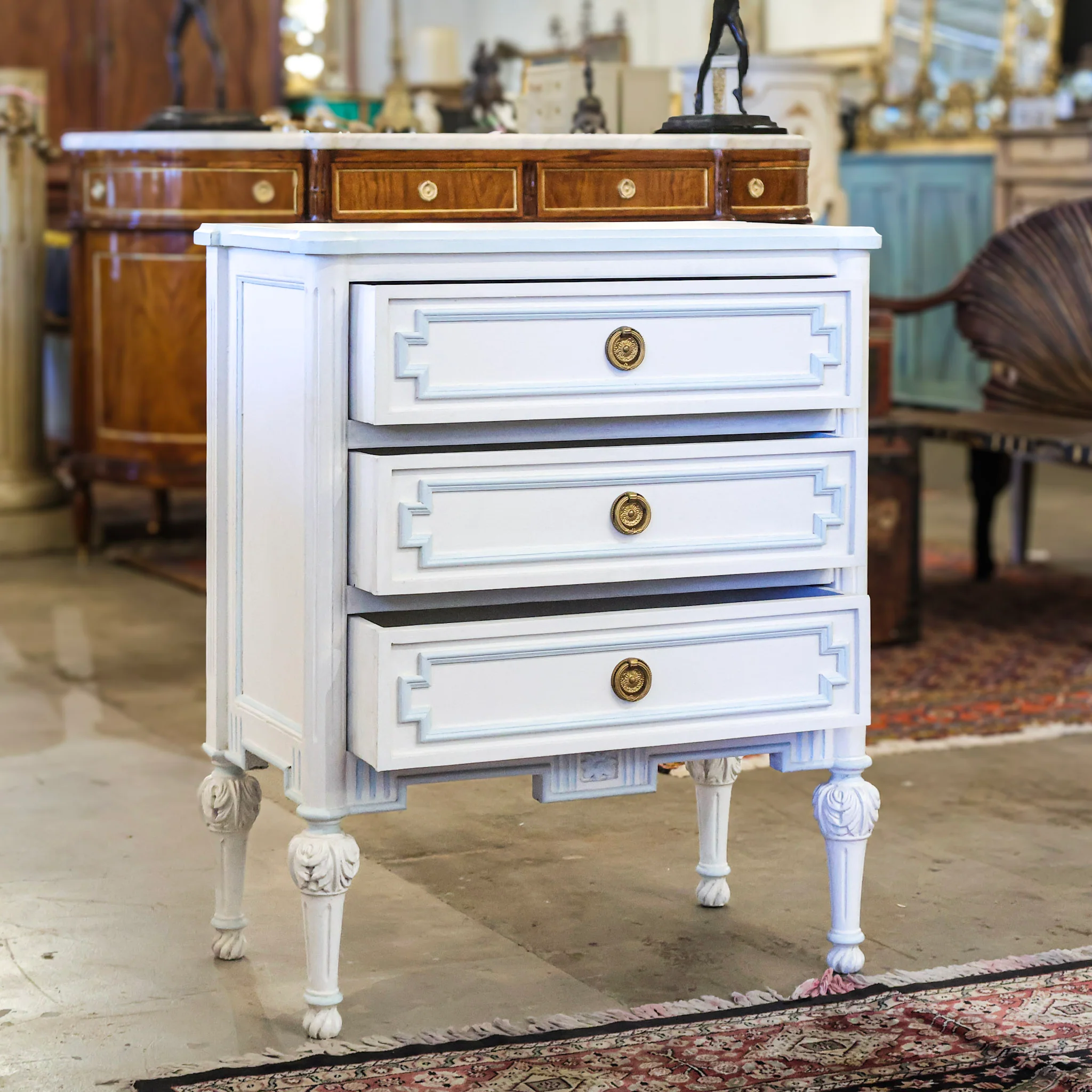 Swedish 3-Drawer Nightstand – Blue Flower Detailing & Ballerina Legs - Image 3