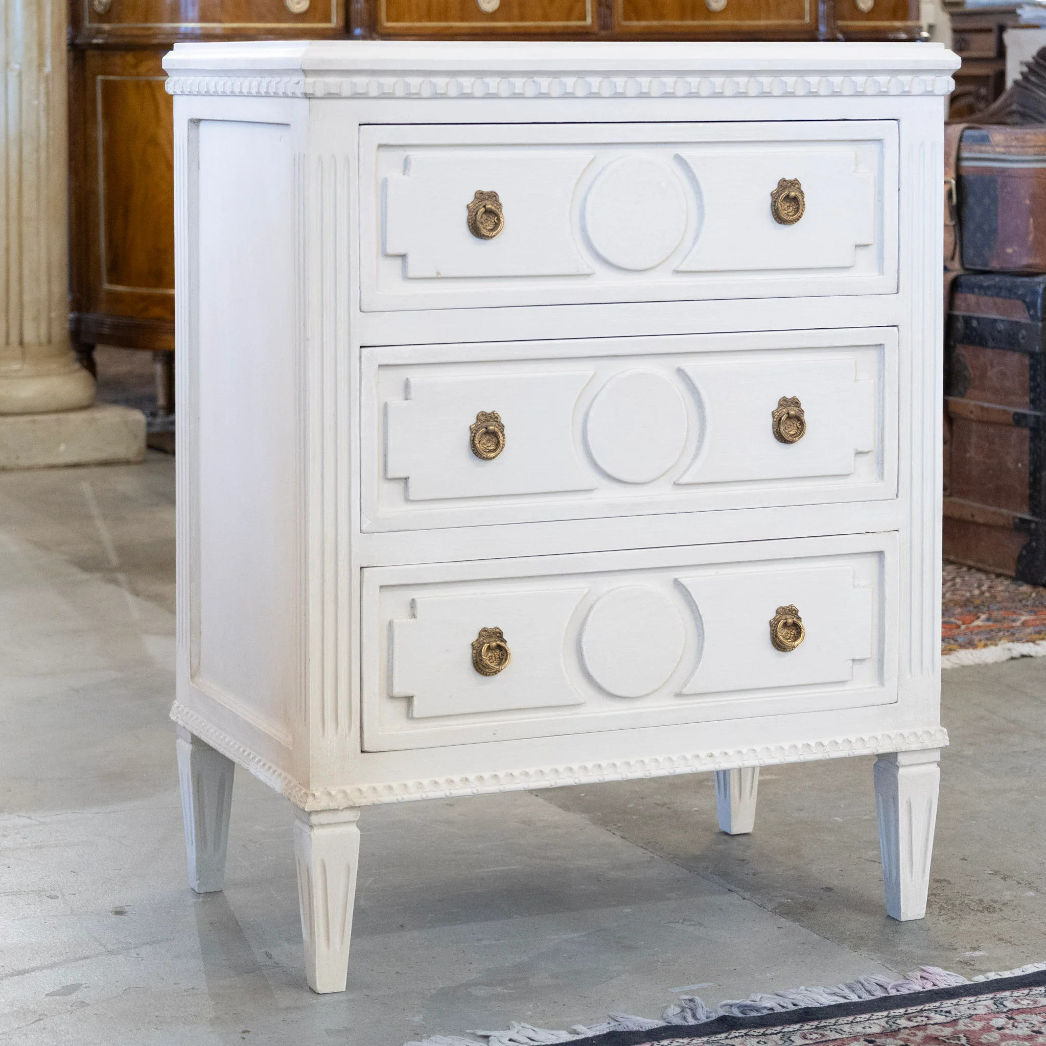 Swedish 3-Drawer Nightstand – Circle Carved Trim & Tapered Legs in White - Image 2