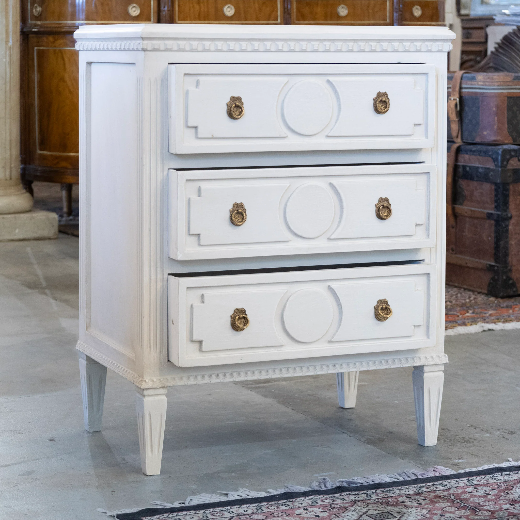 Swedish 3-Drawer Nightstand – Circle Carved Trim & Tapered Legs in White - Image 3