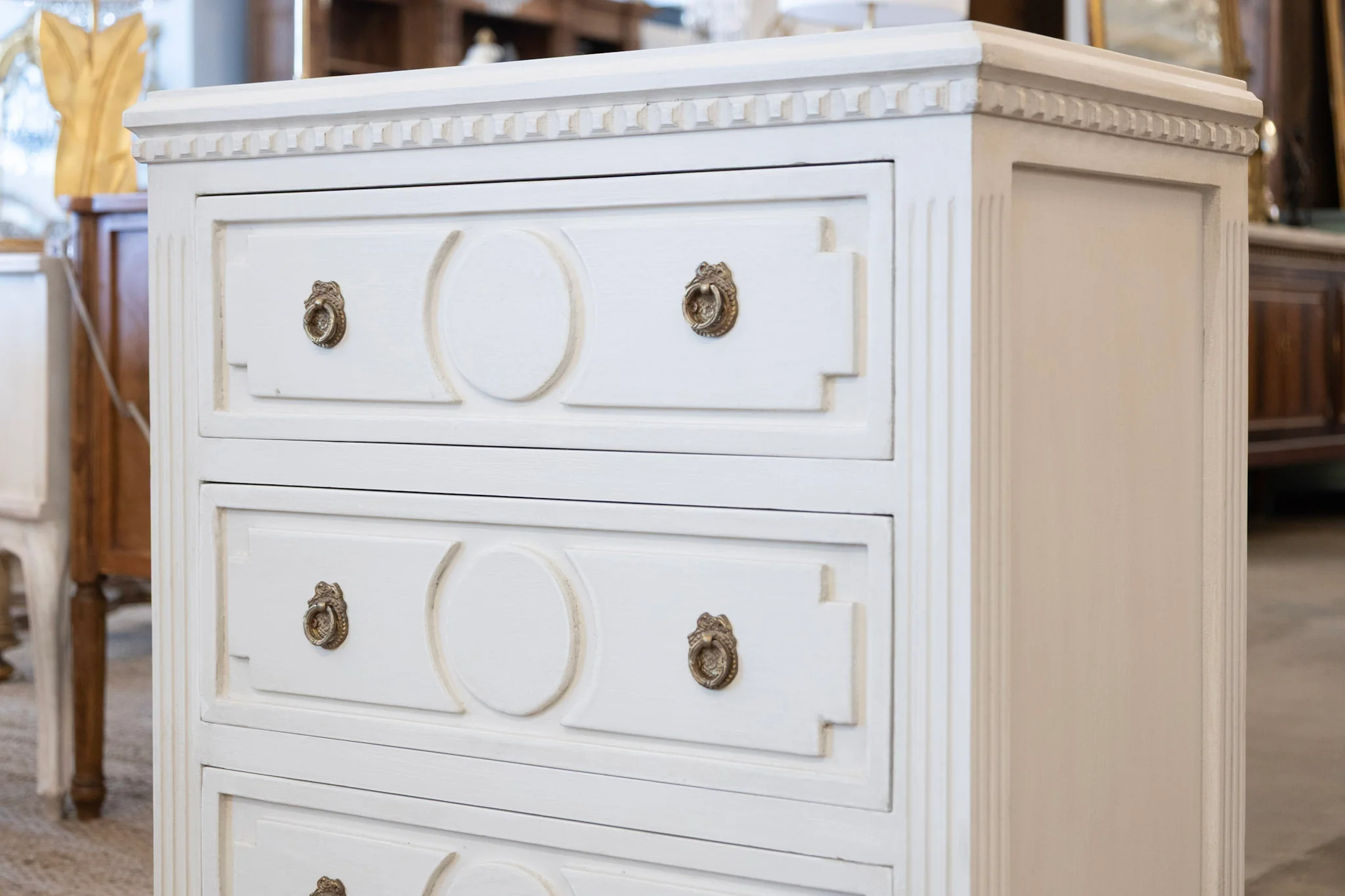 Swedish 3-Drawer Nightstand – Circle Carved Trim & Tapered Legs in White - Image 5