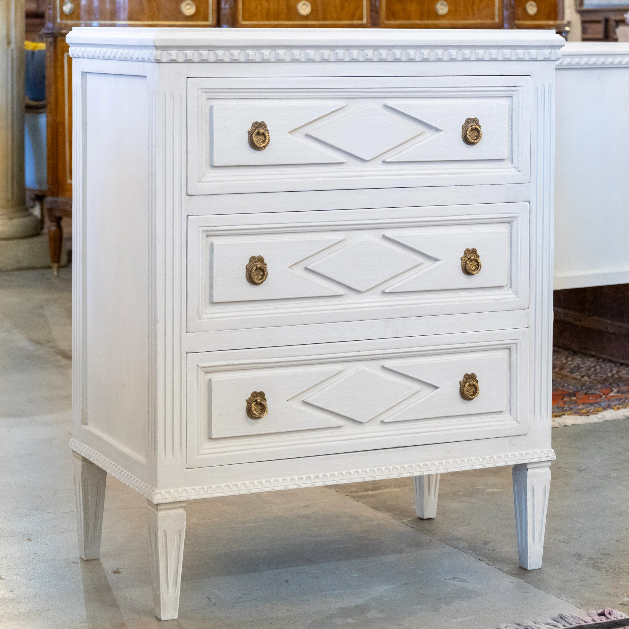 Swedish 3-Drawer Nightstand – Diamond Trim & Tapered Legs - Image 2