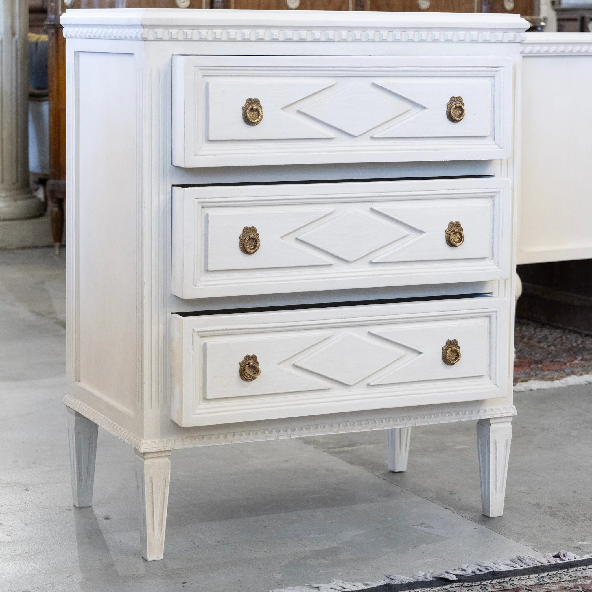 Swedish 3-Drawer Nightstand – Diamond Trim & Tapered Legs - Image 3