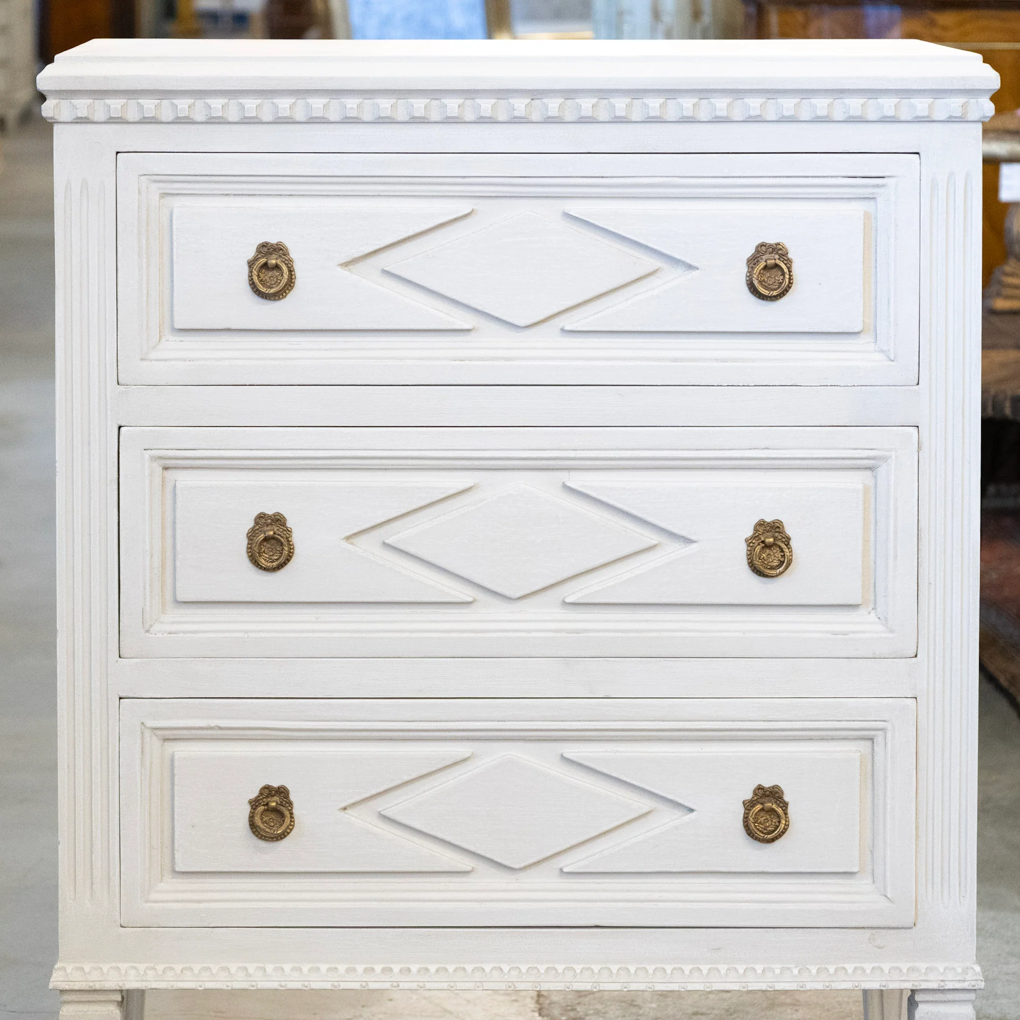 Swedish 3-Drawer Nightstand – Diamond Trim & Tapered Legs - Image 4