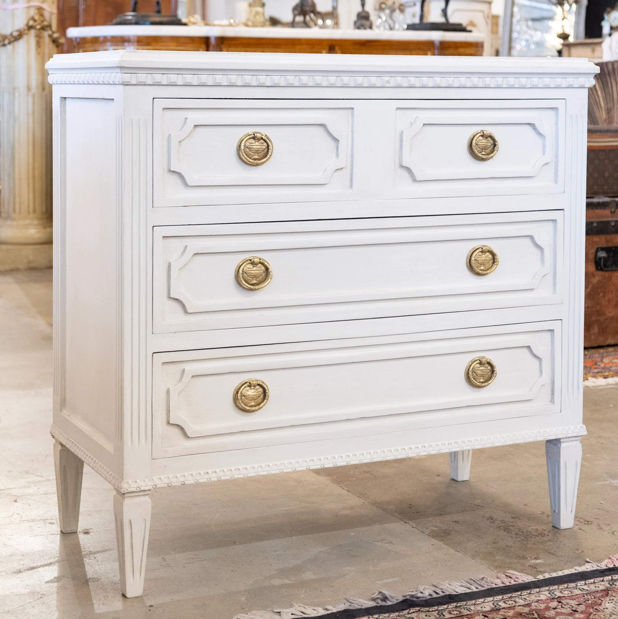 Swedish 3-Drawer Chest – Carved Open Trim & Large Brass Ring Pulls