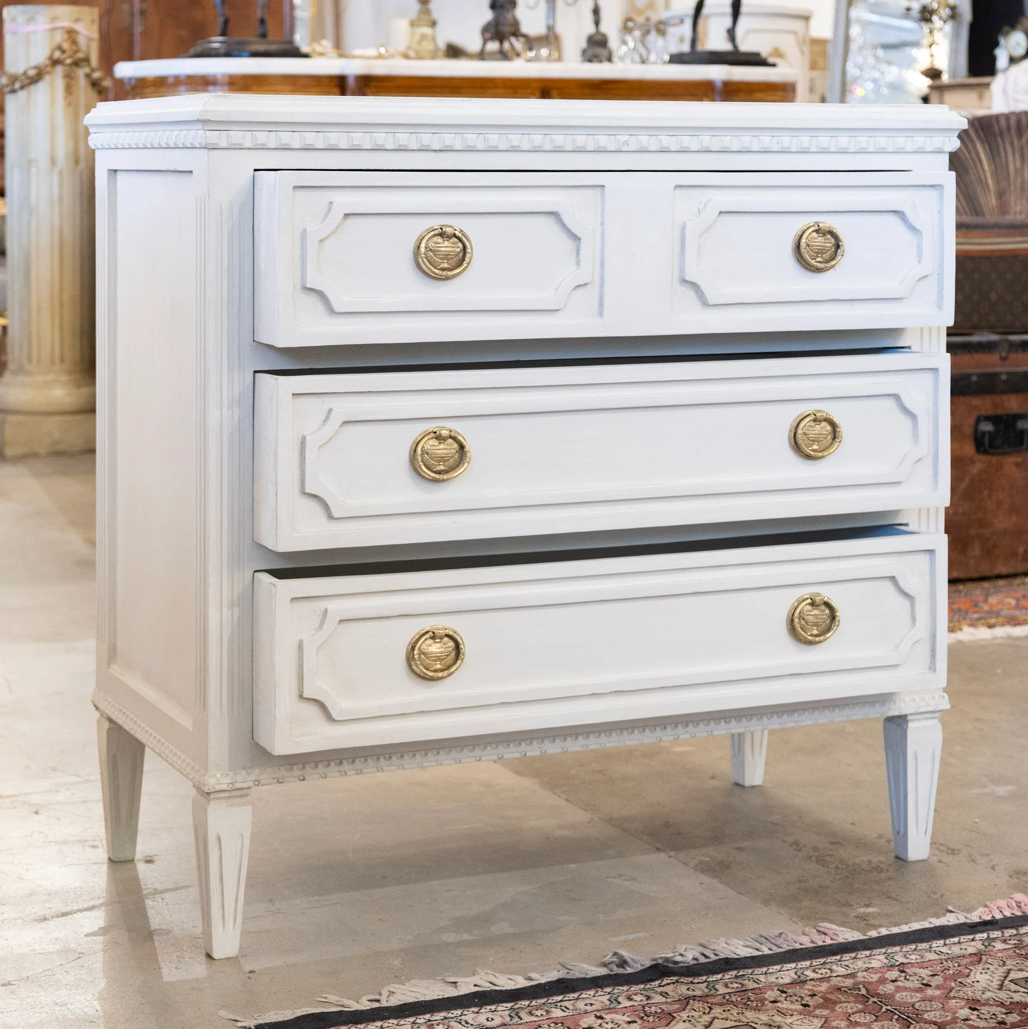Swedish 3-Drawer Chest – Carved Open Trim & Large Brass Ring Pulls - Image 2