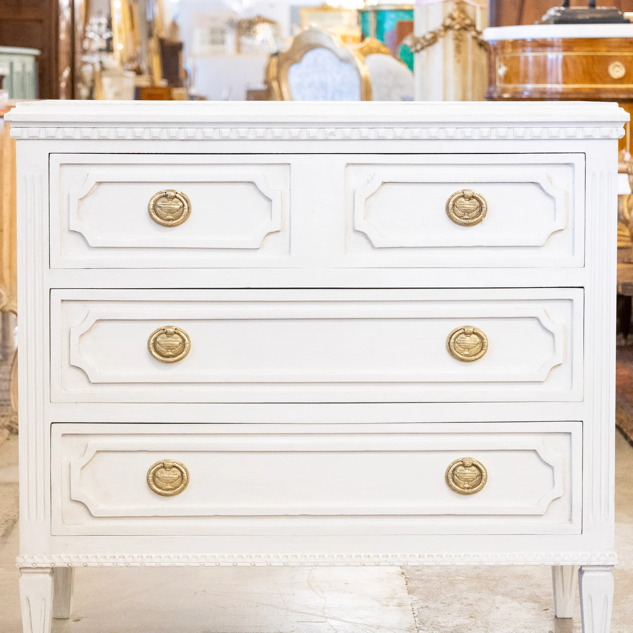 Swedish 3-Drawer Chest – Carved Open Trim & Large Brass Ring Pulls - Image 4