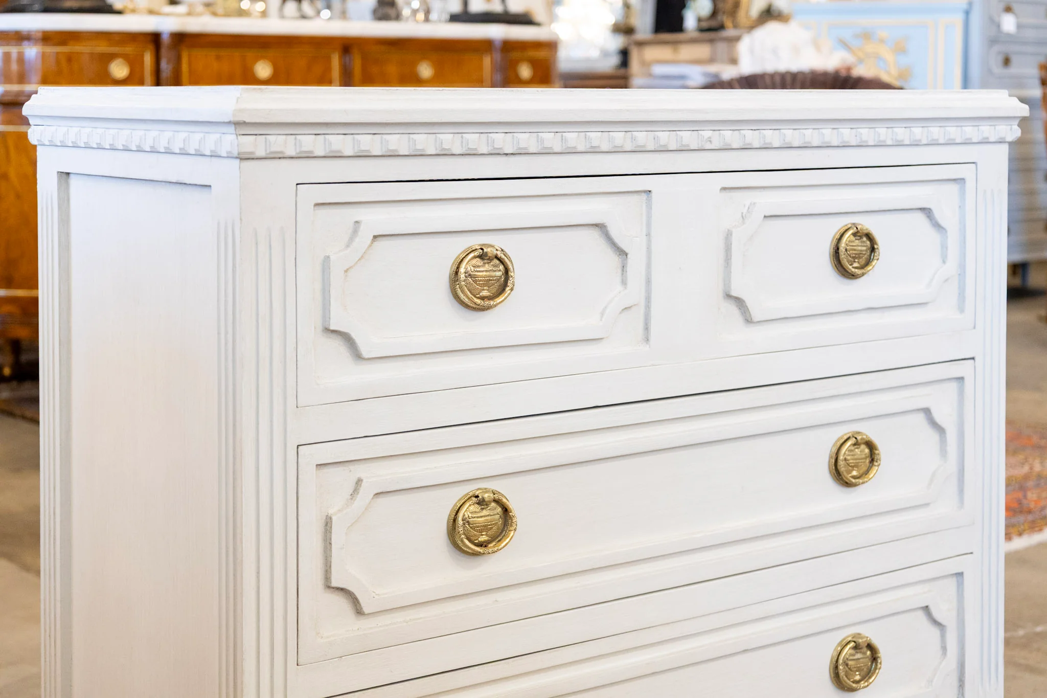 Swedish 3-Drawer Chest – Carved Open Trim & Large Brass Ring Pulls - Image 6