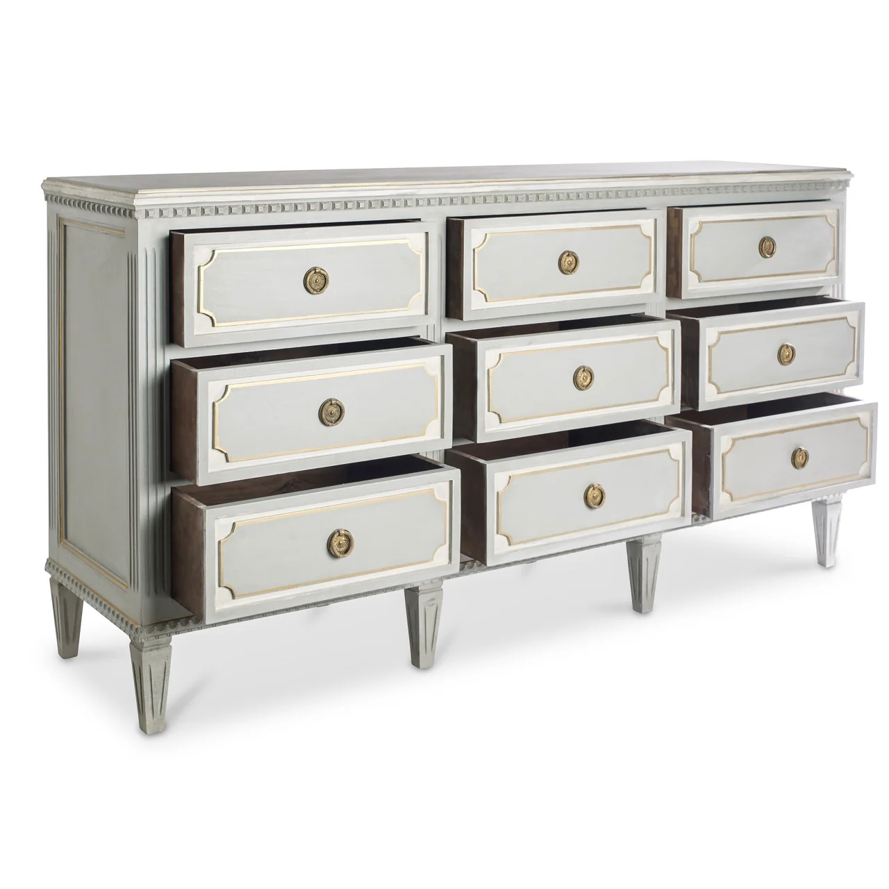 Swedish 9 Drawer Dresser in Light Blue with White and Gold Trim - Image 3