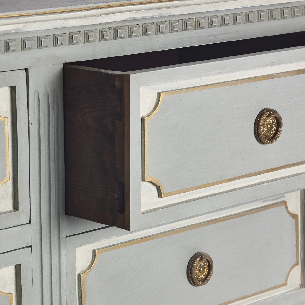 Swedish 9 Drawer Dresser in Light Blue with White and Gold Trim - Image 4