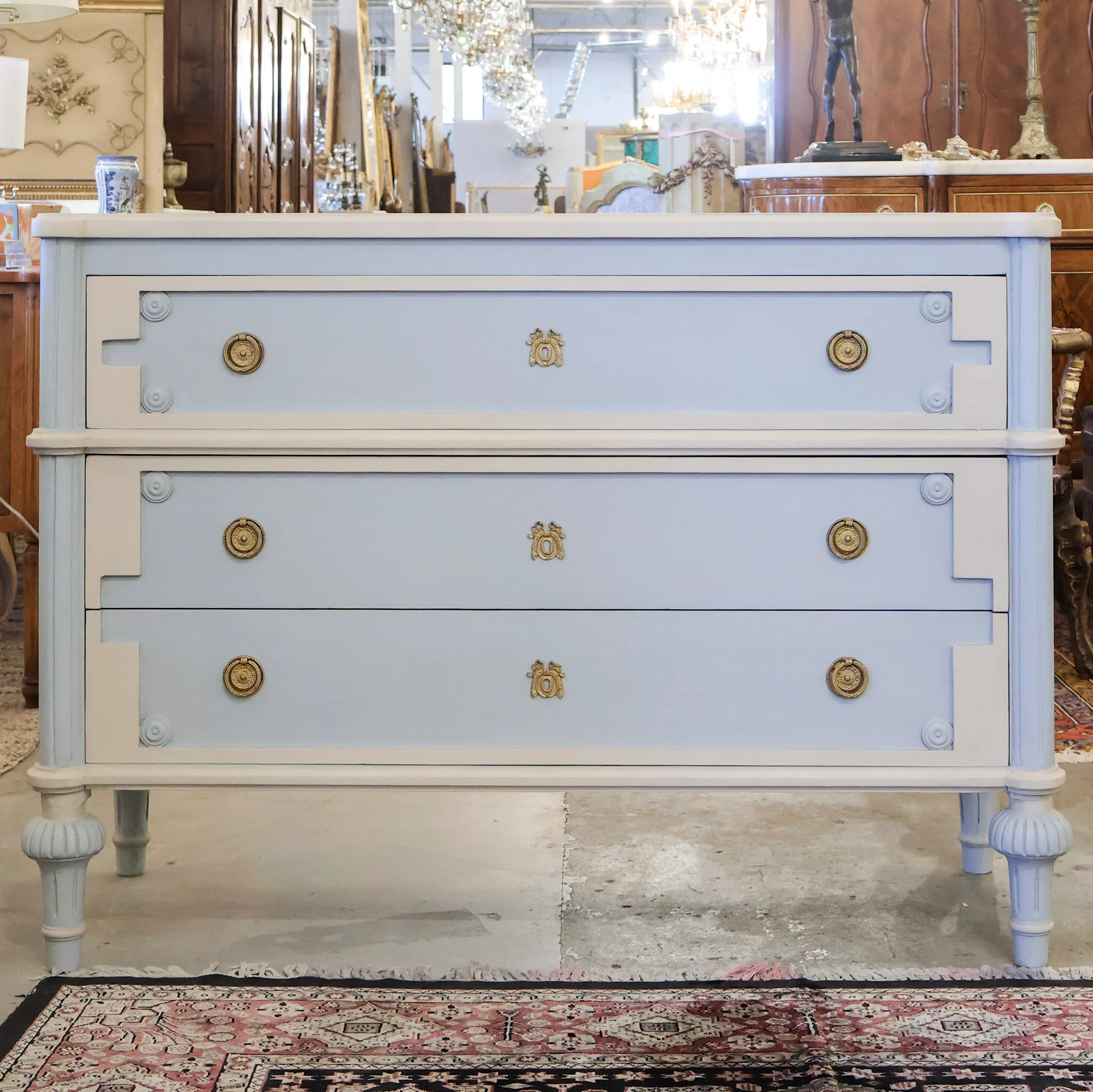 Swedish Blue 3-Drawer Chest – Large Brass Pulls & Ballerina Legs