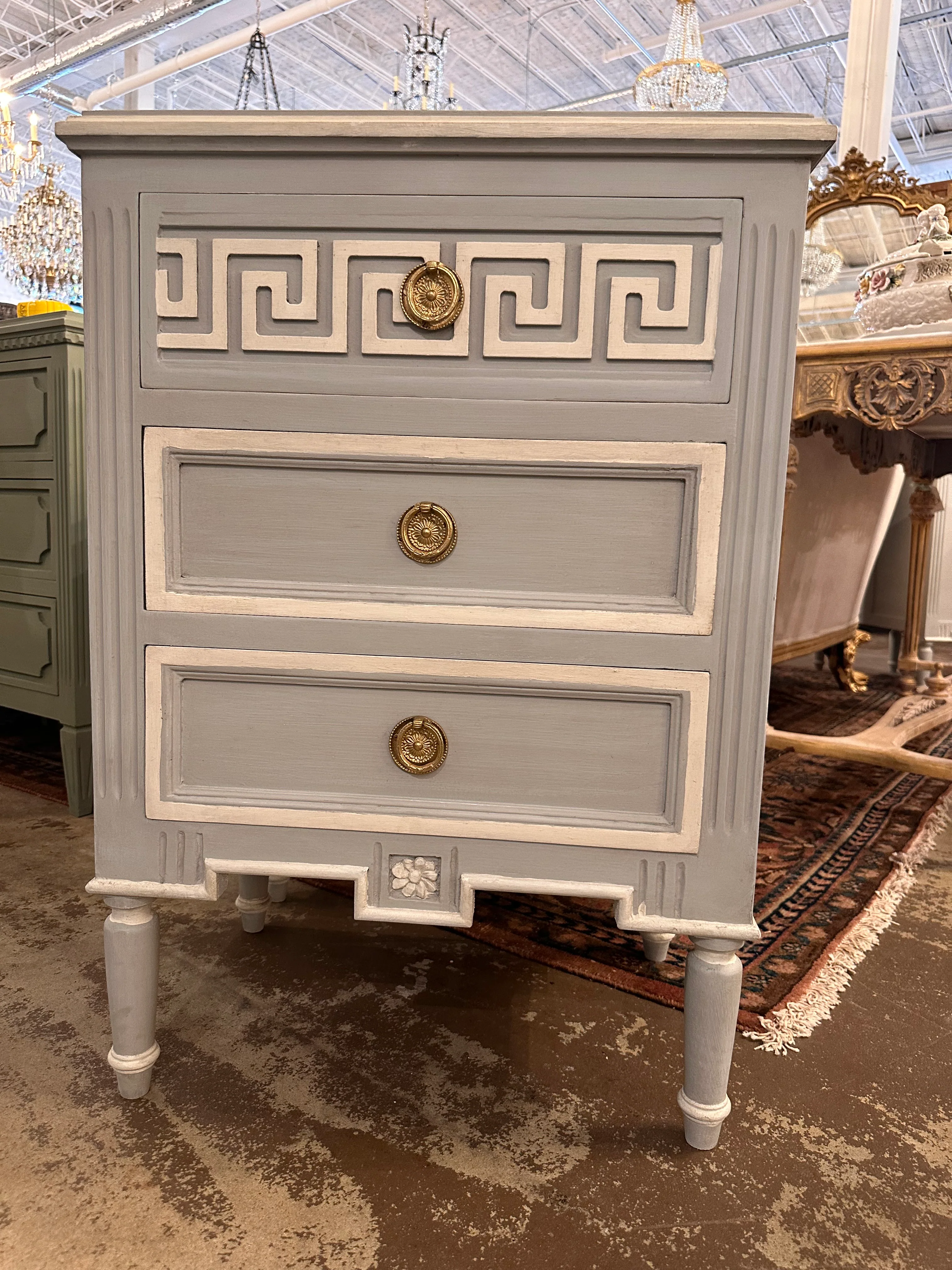 Swedish Greek Key Nightstand in Blue with White