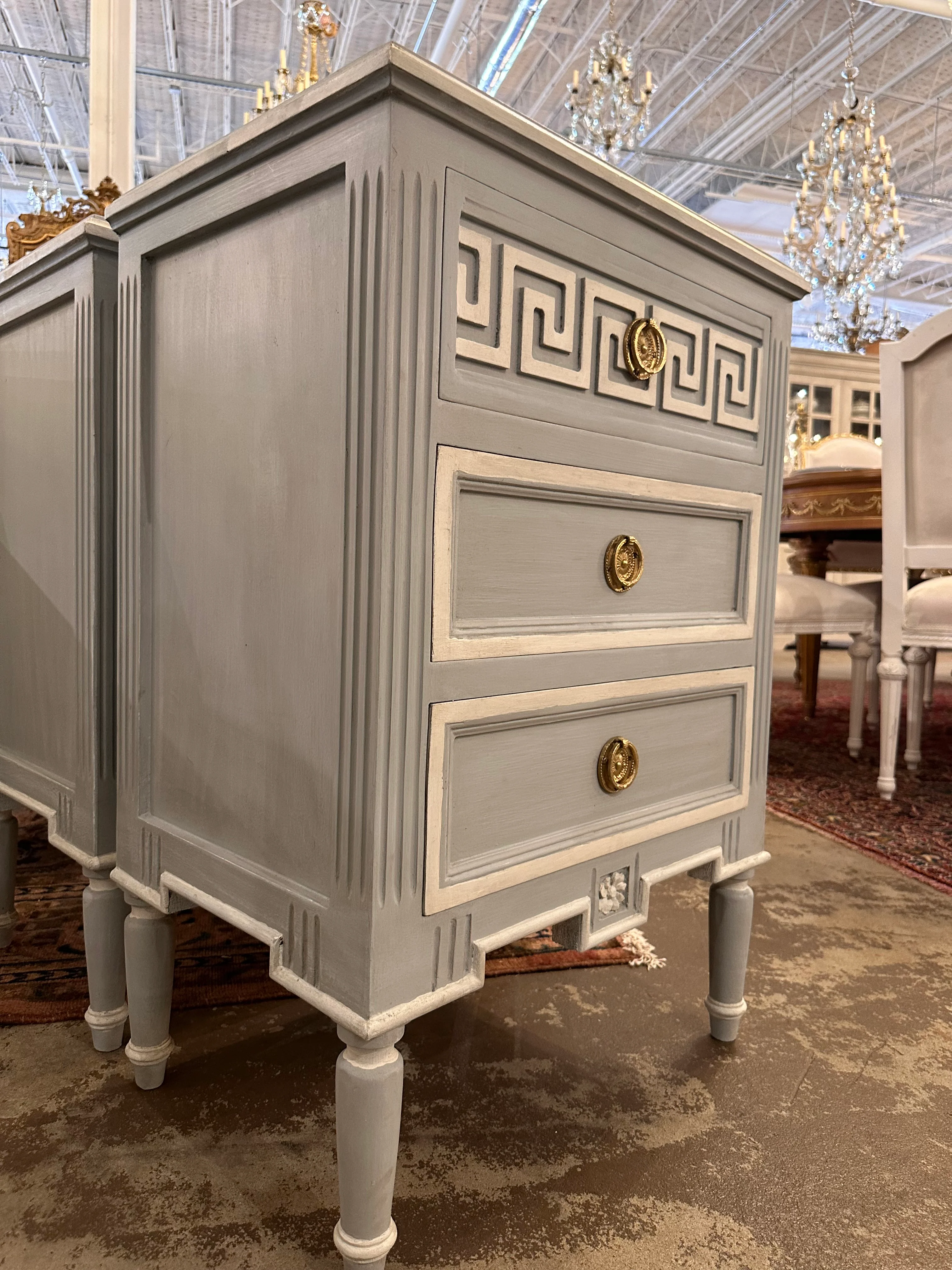 Swedish Greek Key Nightstand in Blue with White - Image 2