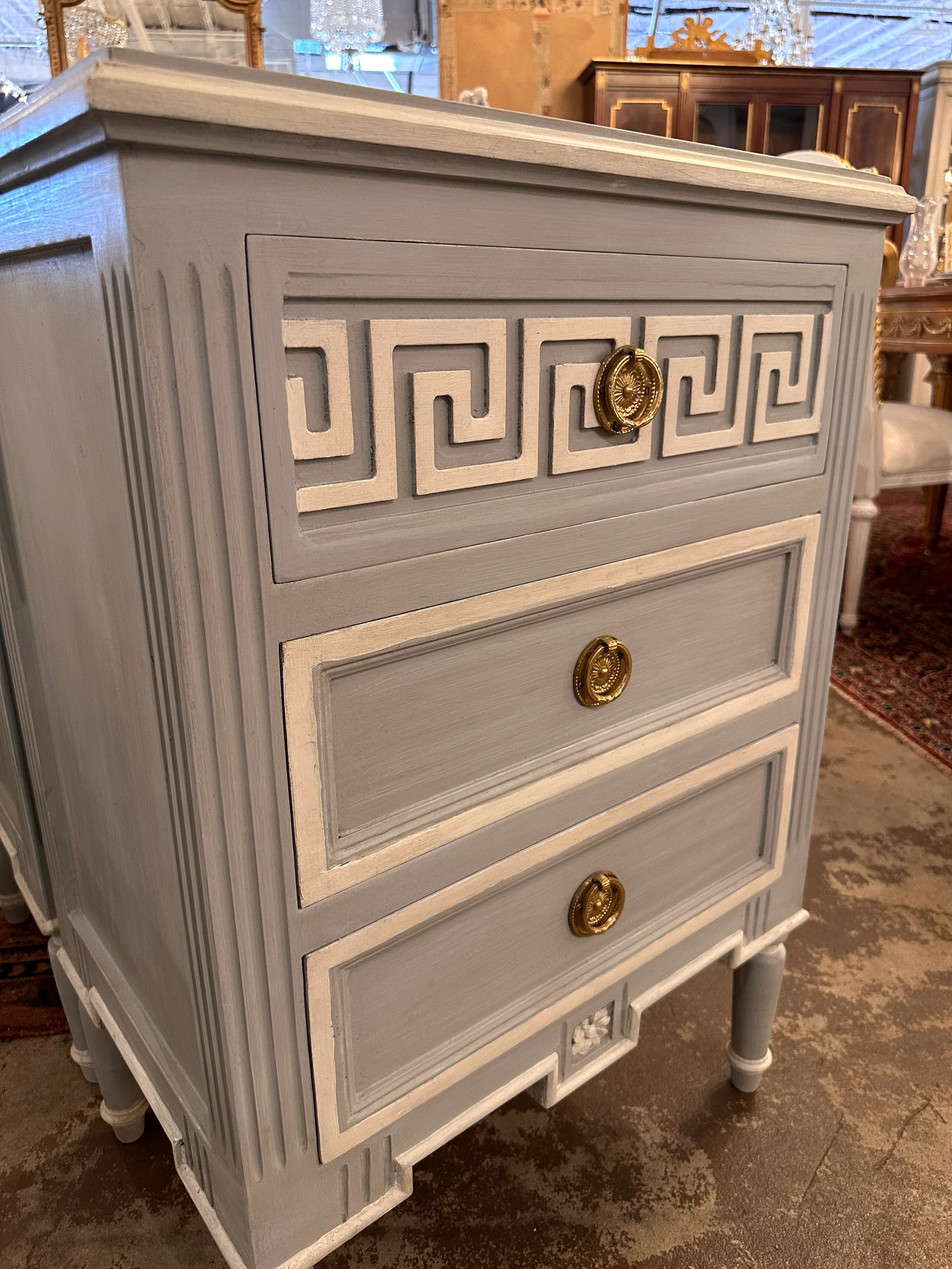 Swedish Greek Key Nightstand in Blue with White - Image 3