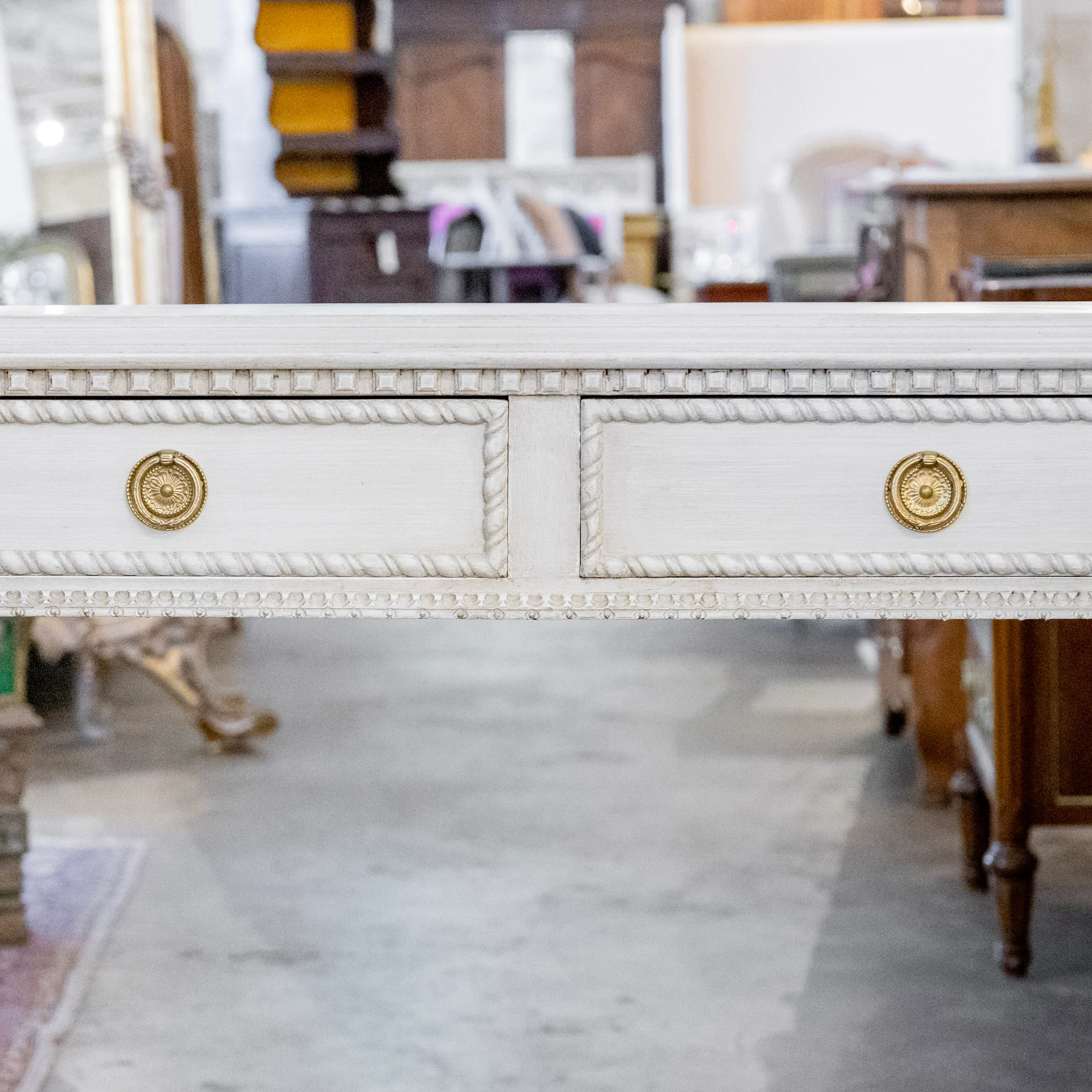 Swedish Two-Drawer Console Table – Rope Trim in Soft Grey - Image 3