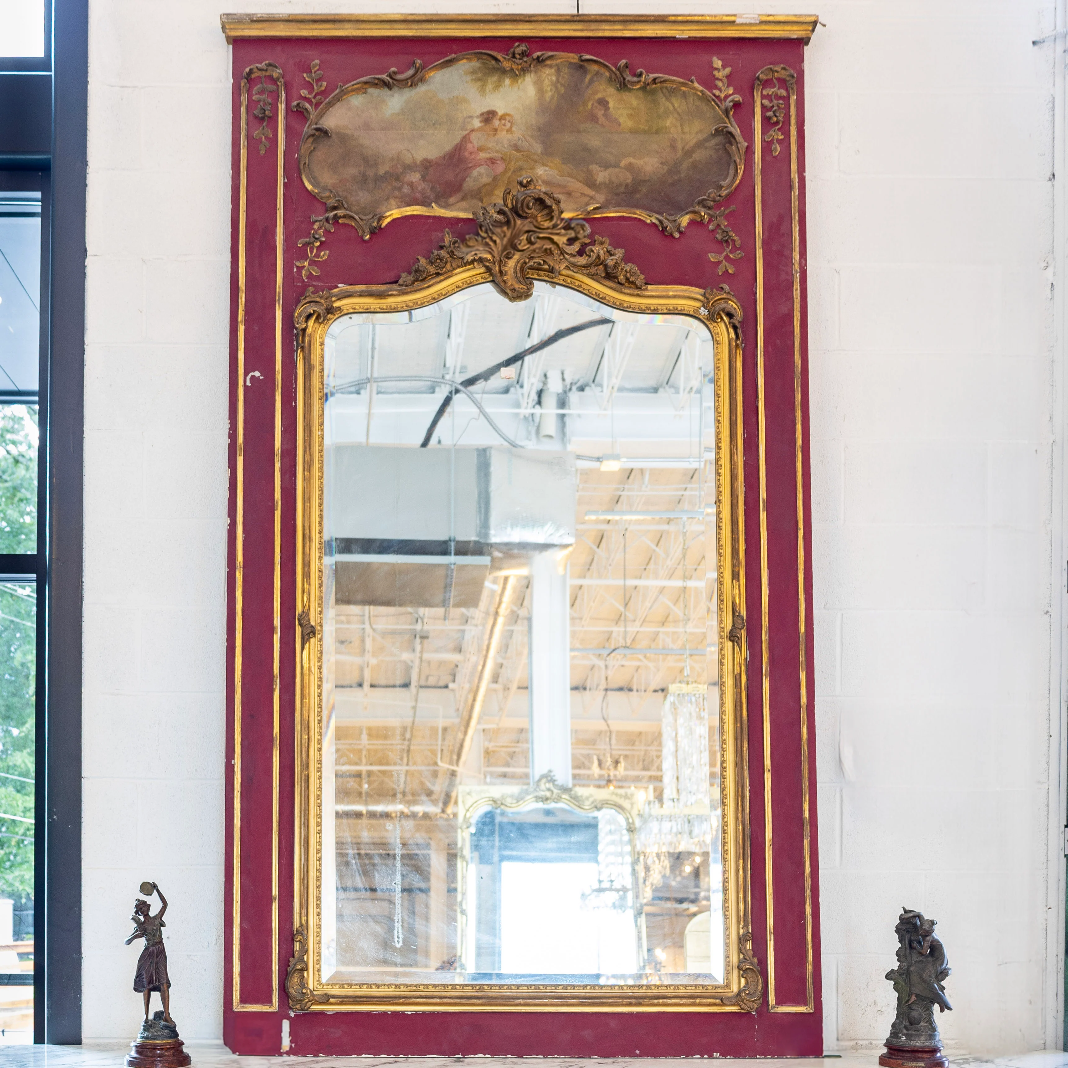 Antique Trumeau French Mirror with Original Red Finish
