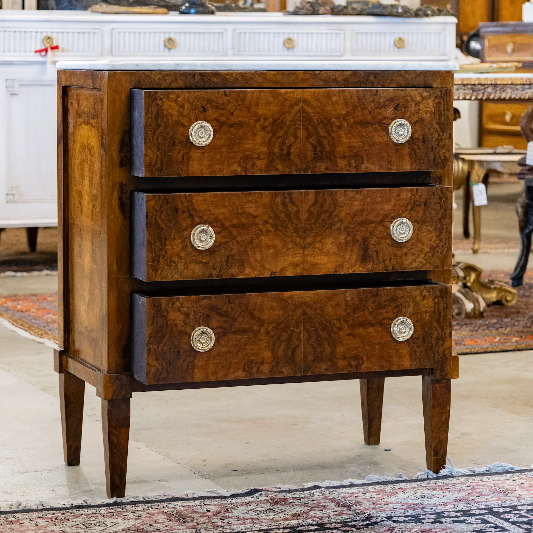 Art Deco 3-Drawer Burl Wood Chest with White Marble Top - Image 3