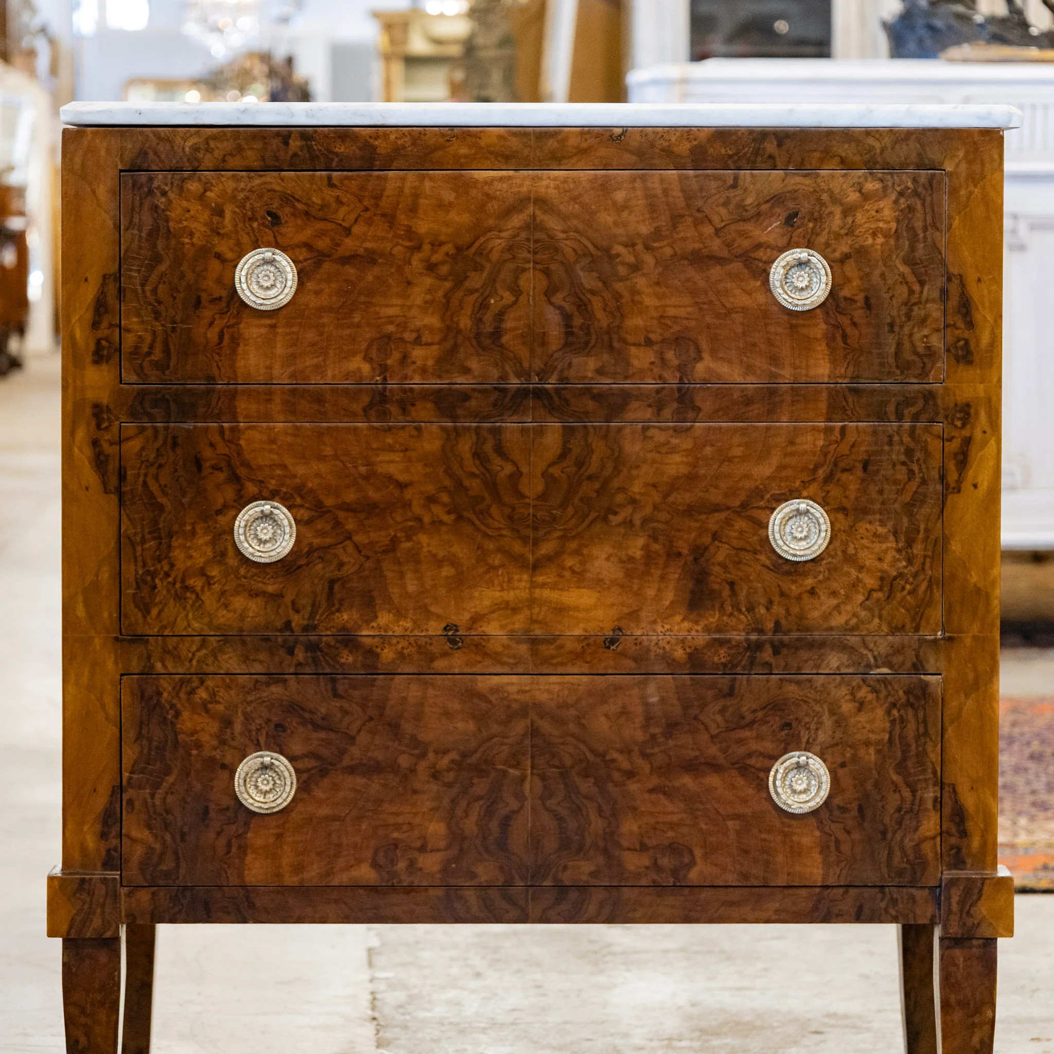 Art Deco 3-Drawer Burl Wood Chest with White Marble Top - Image 4