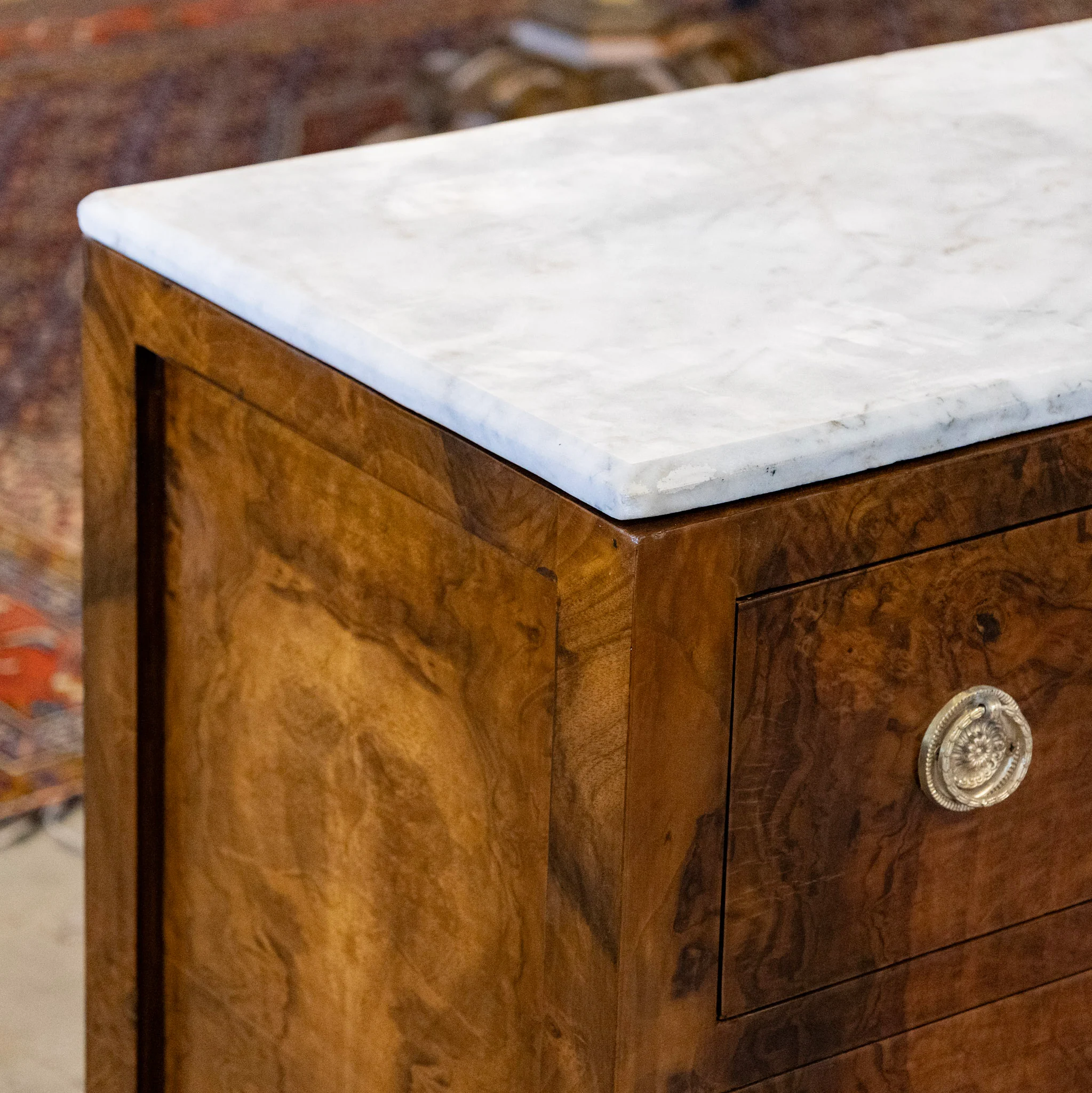 Art Deco 3-Drawer Burl Wood Chest with White Marble Top - Image 5