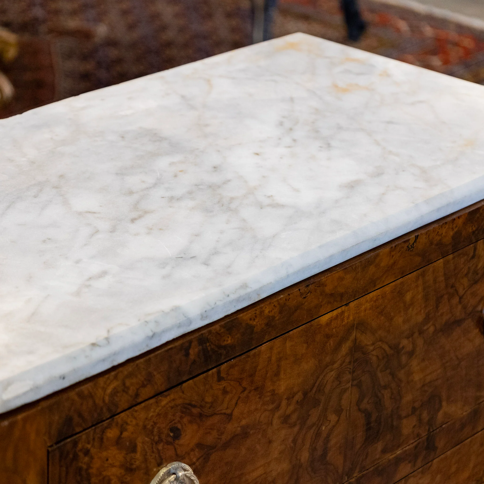 Art Deco 3-Drawer Burl Wood Chest with White Marble Top - Image 6