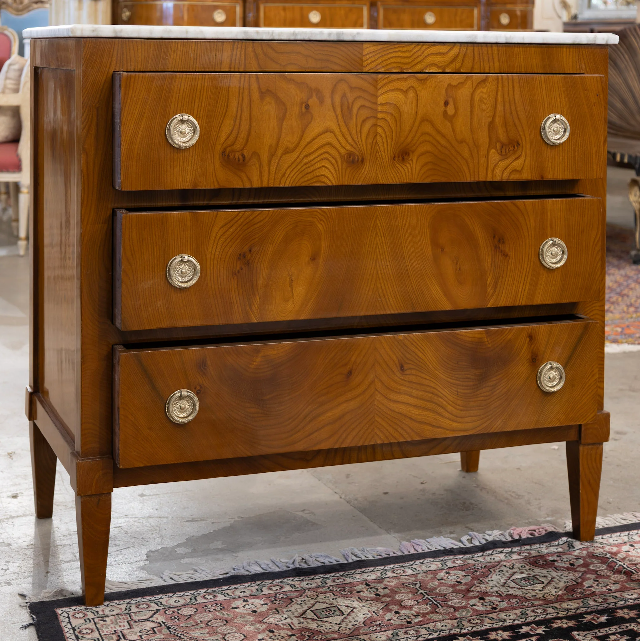 Art Deco 3-Drawer Chest – Burl Wood & White Marble Top - Image 4