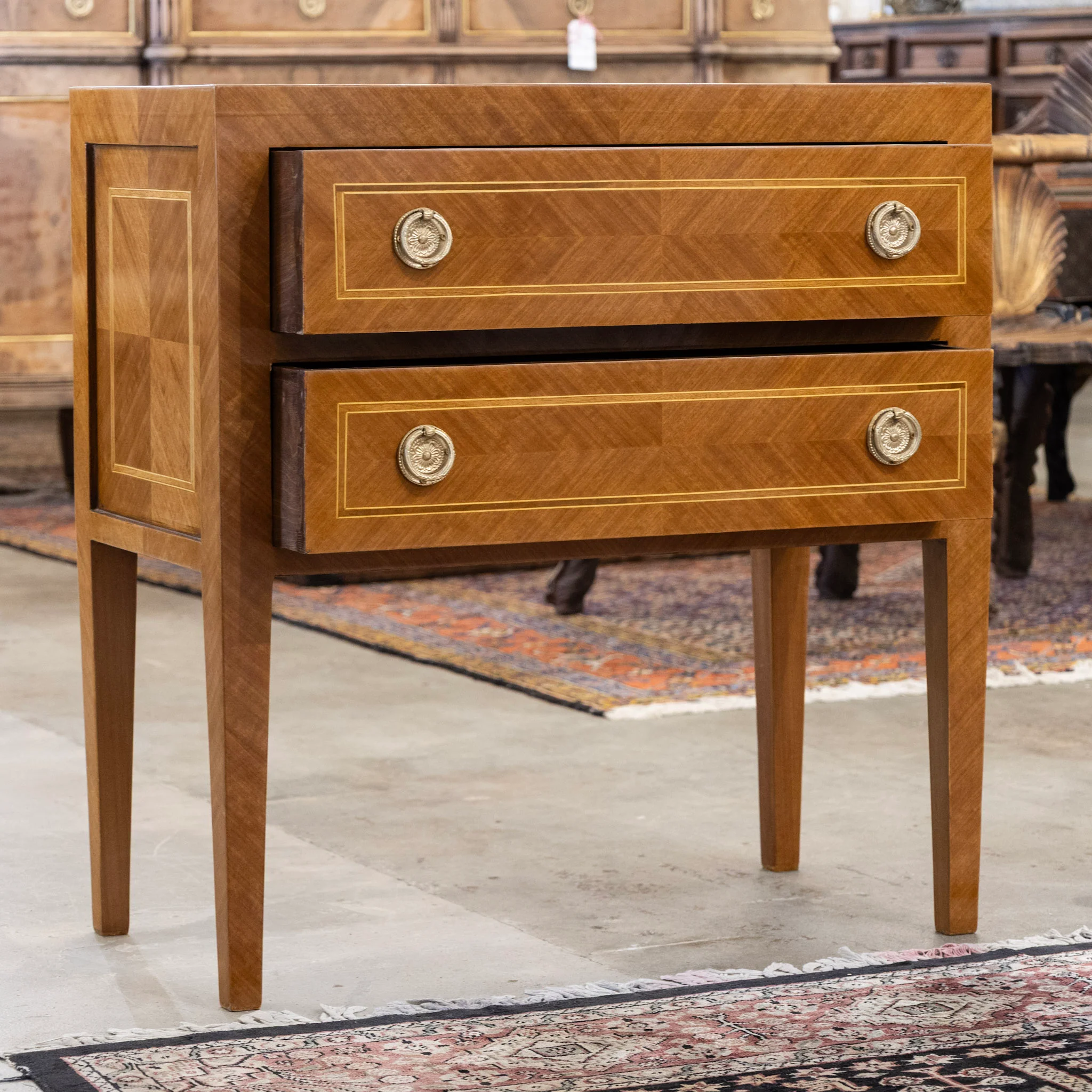 Art Deco Burl Wood 2-Drawer Chest – Inlaid Panels & Brass Pulls - Image 3
