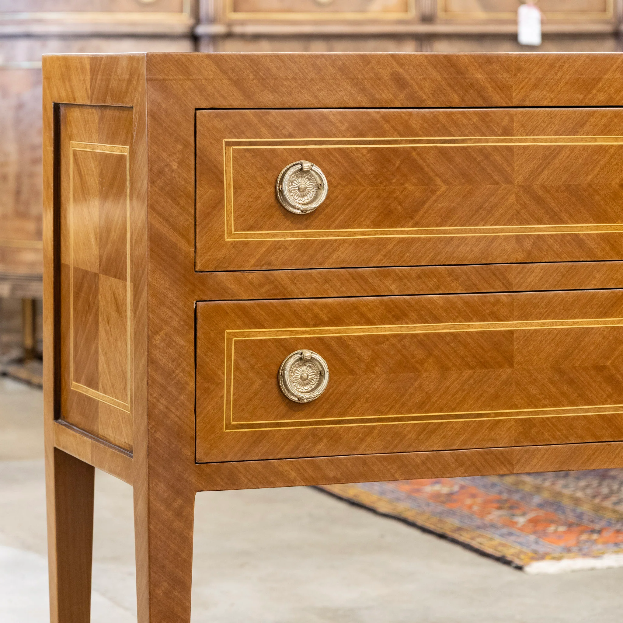 Art Deco Burl Wood 2-Drawer Chest – Inlaid Panels & Brass Pulls - Image 4