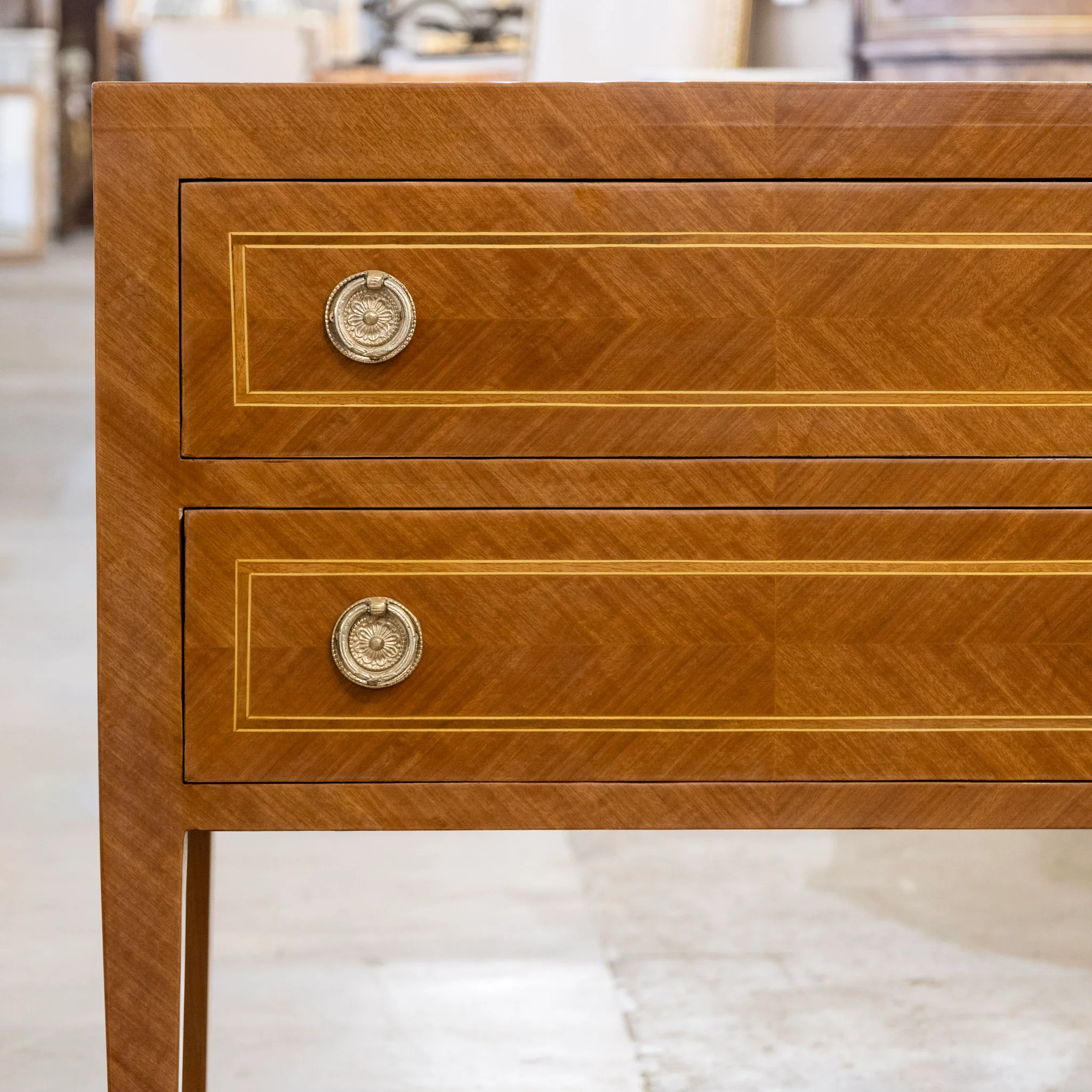 Art Deco Burl Wood 2-Drawer Chest – Inlaid Panels & Brass Pulls - Image 5