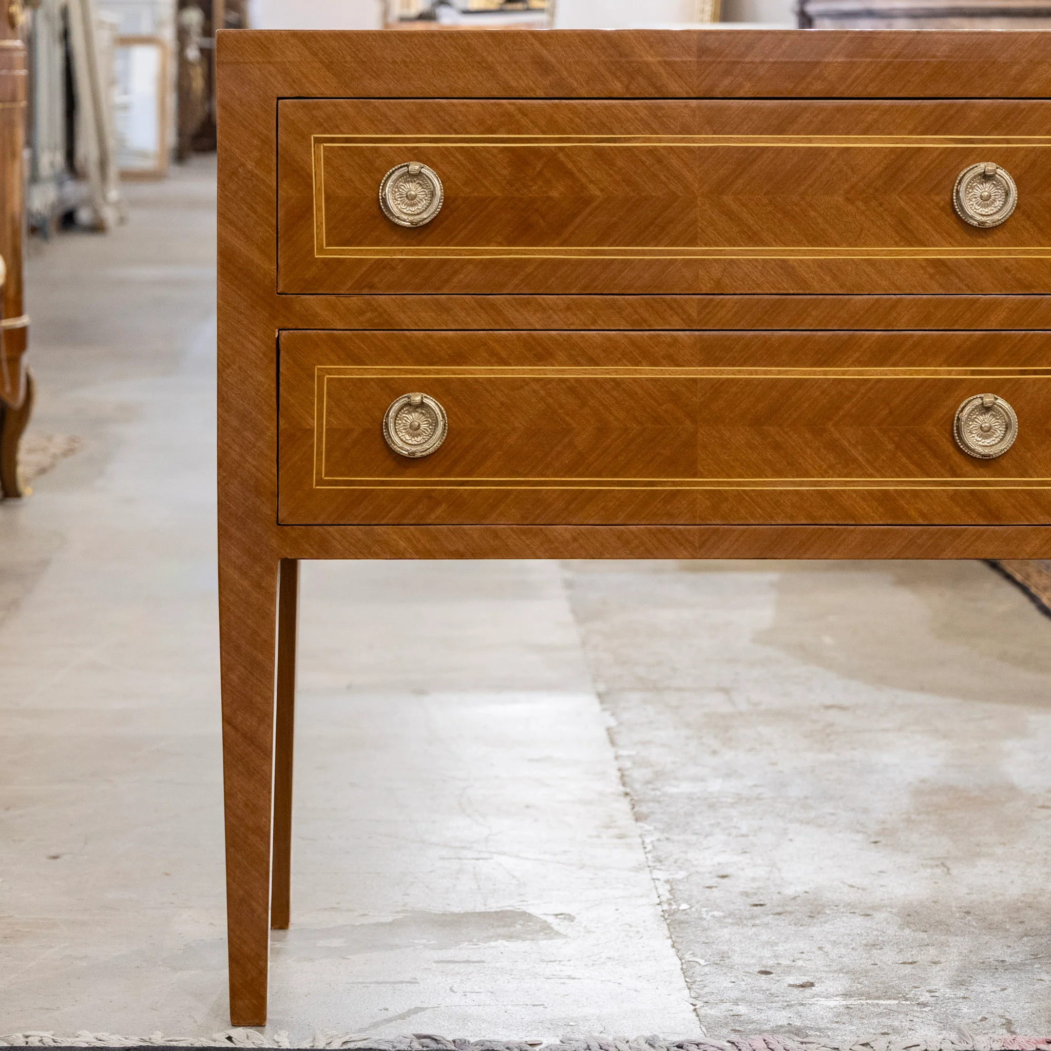 Art Deco Burl Wood 2-Drawer Chest – Inlaid Panels & Brass Pulls - Image 6
