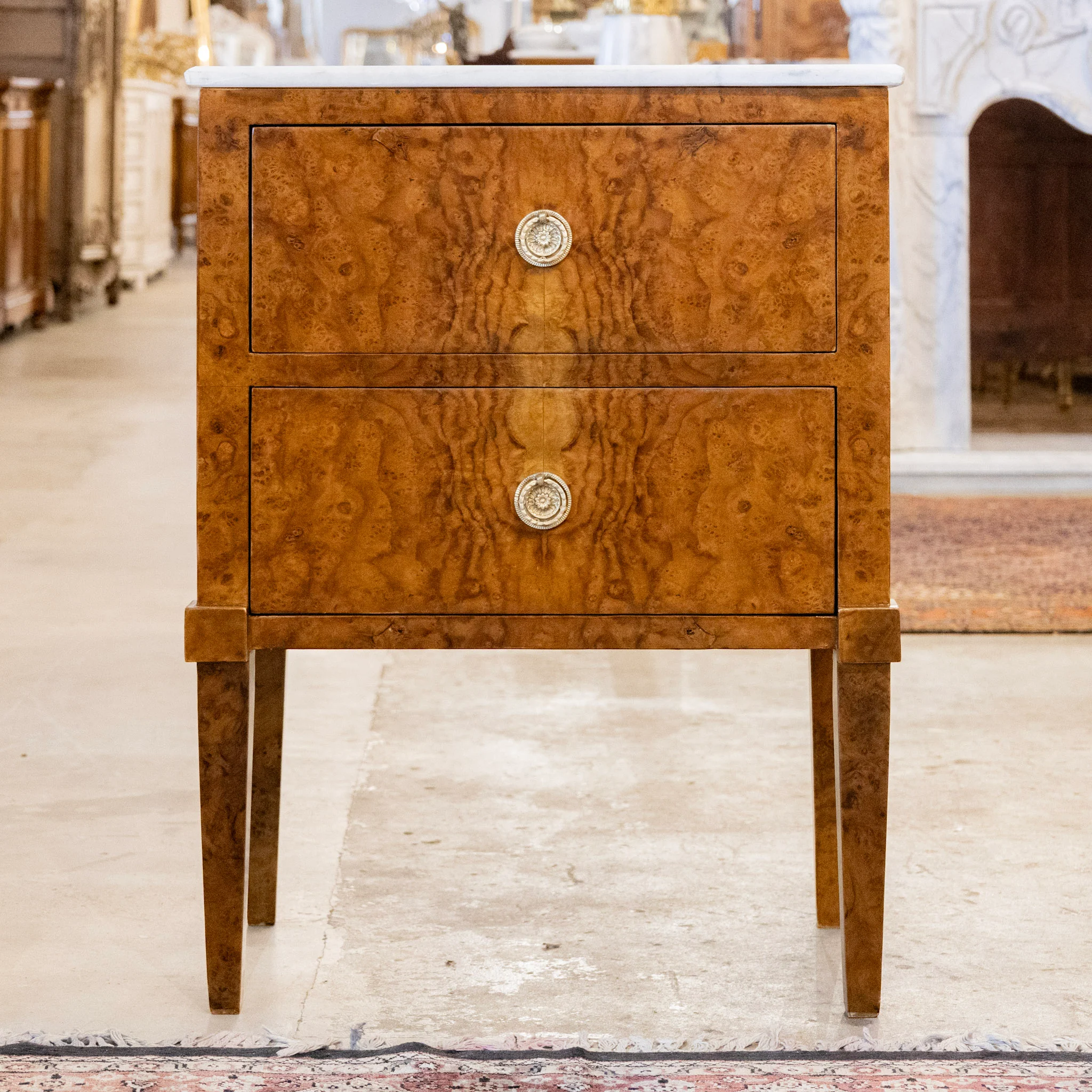 Art Deco Burl Wood Nightstand – White Marble Top & Brass Pulls