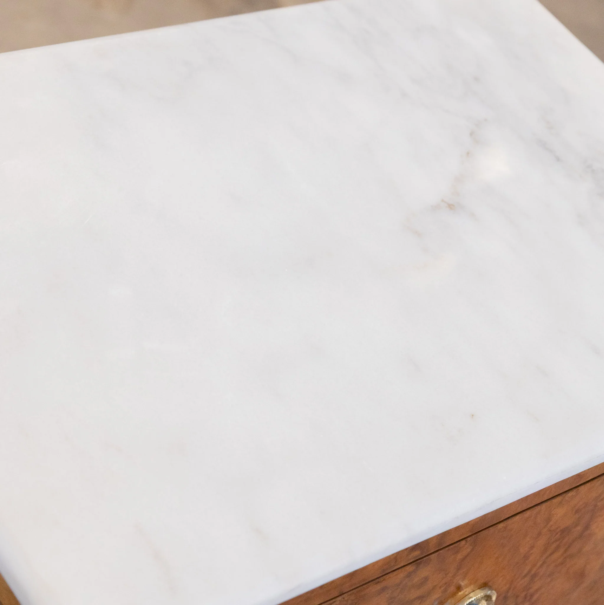 Art Deco Burl Wood Nightstand – White Marble Top & Brass Pulls - Image 10