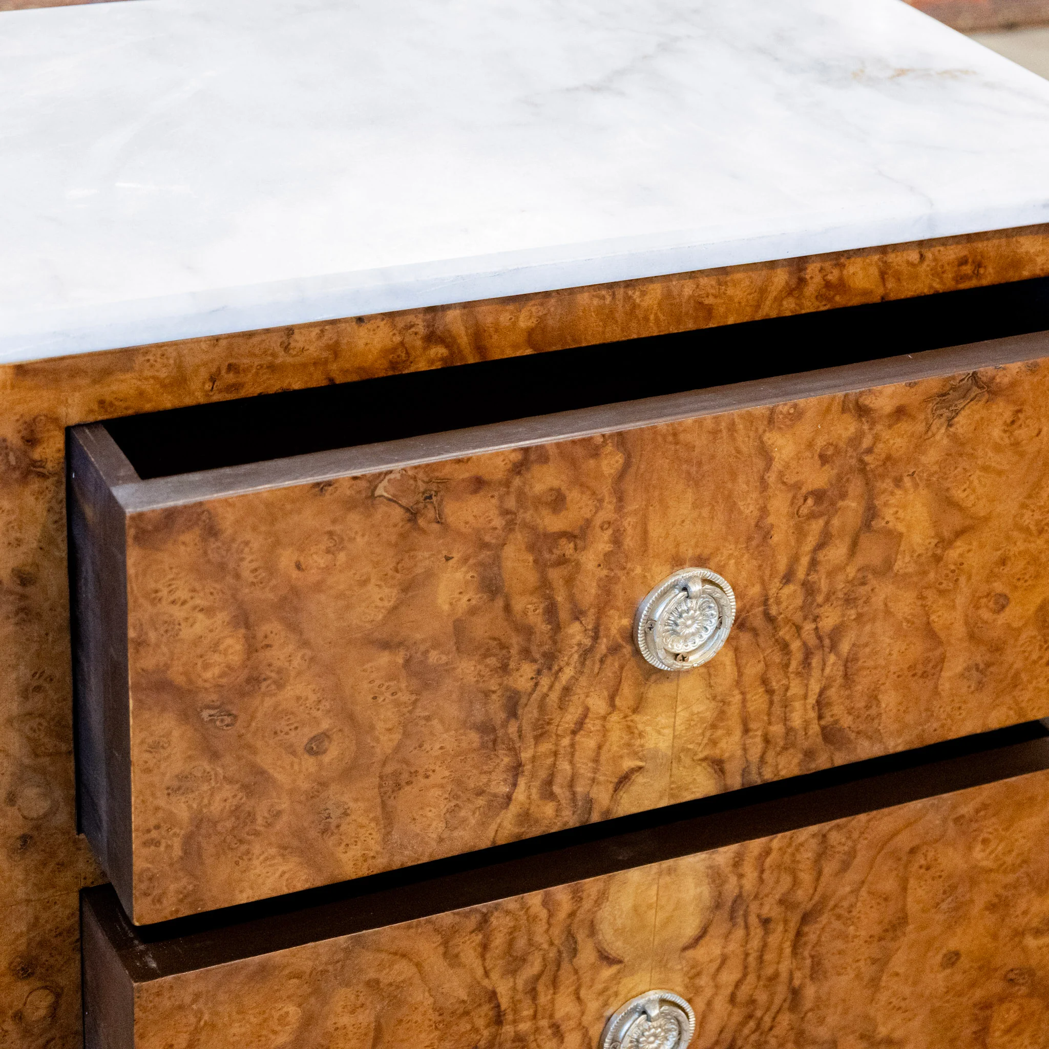 Art Deco Burl Wood Nightstand – White Marble Top & Brass Pulls - Image 11