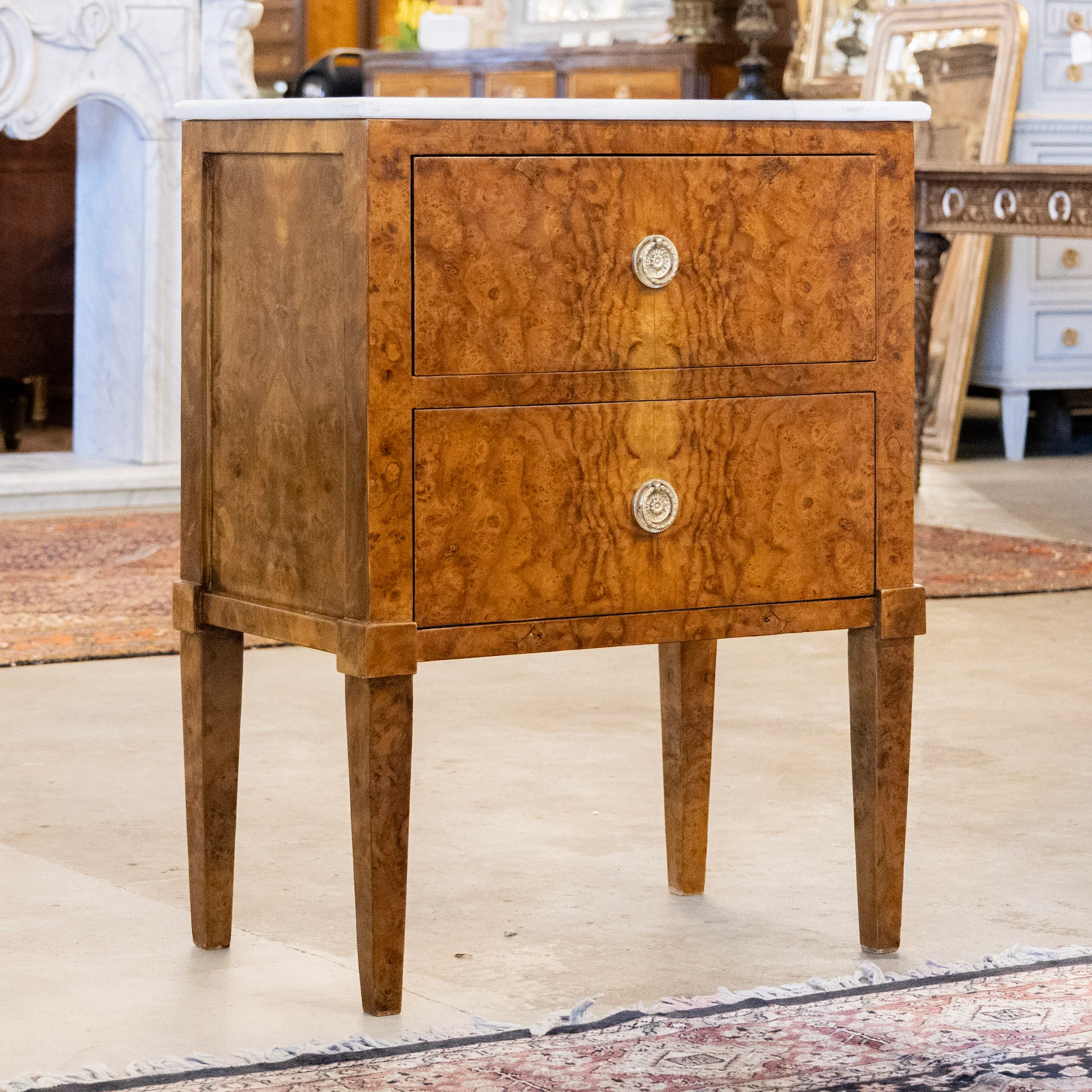 Art Deco Burl Wood Nightstand – White Marble Top & Brass Pulls - Image 2