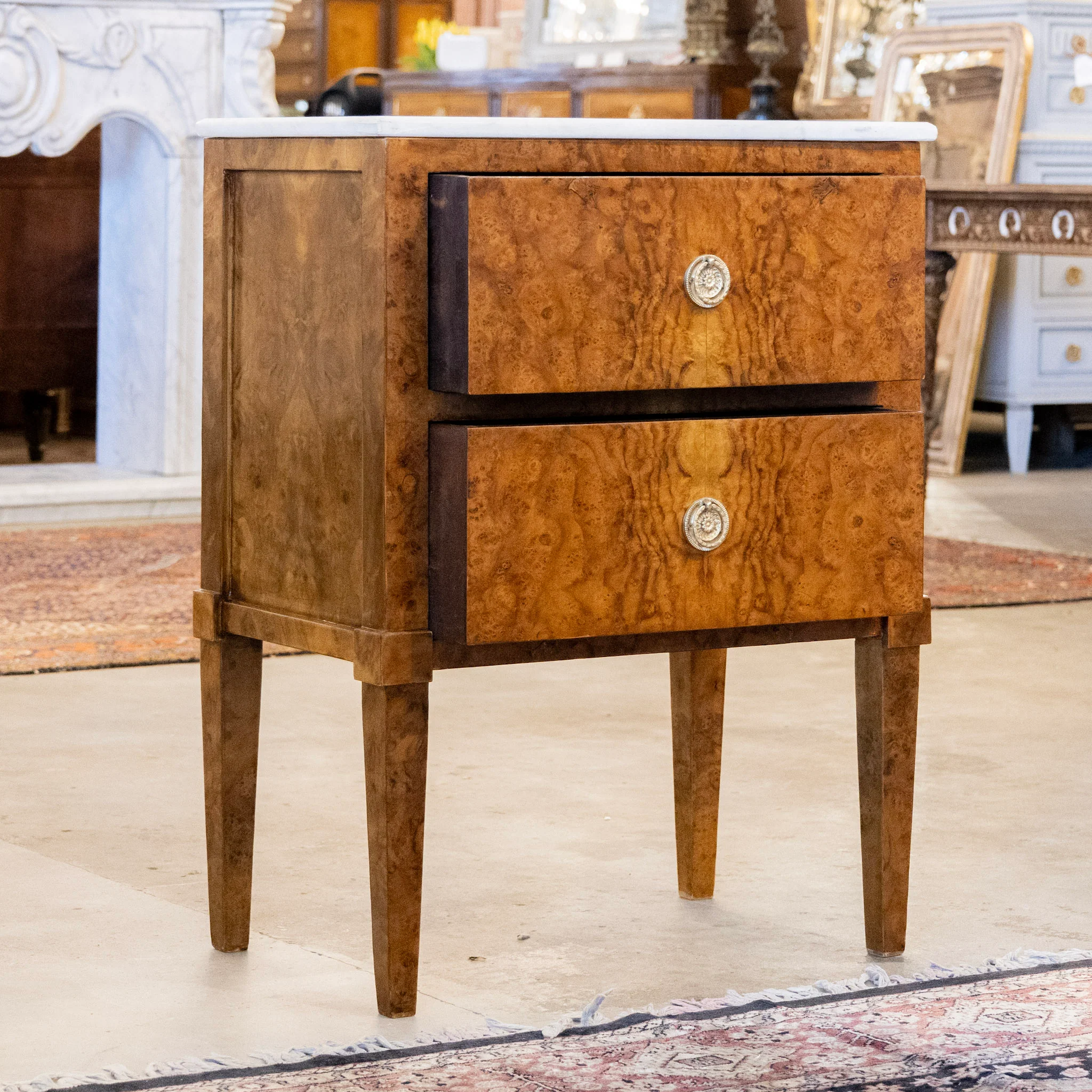 Art Deco Burl Wood Nightstand – White Marble Top & Brass Pulls - Image 3