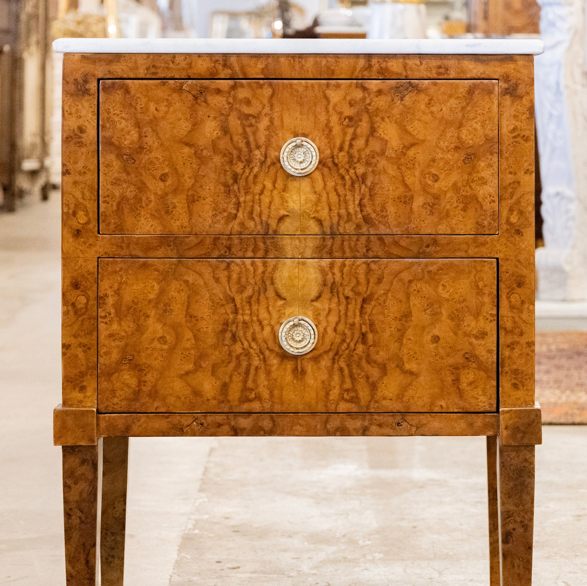 Art Deco Burl Wood Nightstand – White Marble Top & Brass Pulls - Image 4