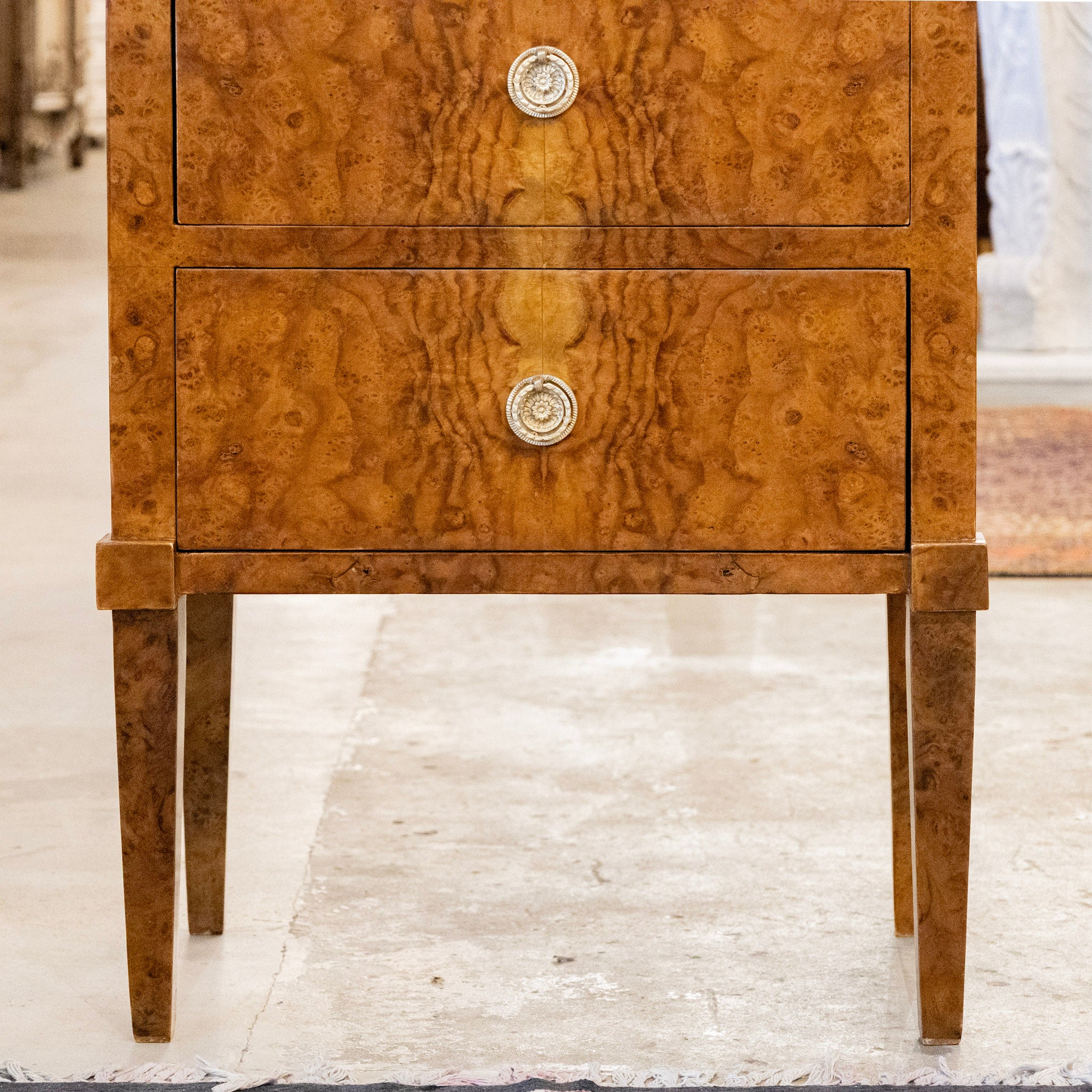 Art Deco Burl Wood Nightstand – White Marble Top & Brass Pulls - Image 5