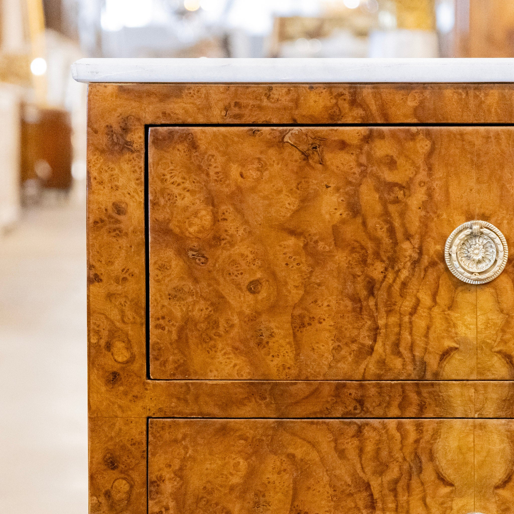 Art Deco Burl Wood Nightstand – White Marble Top & Brass Pulls - Image 6