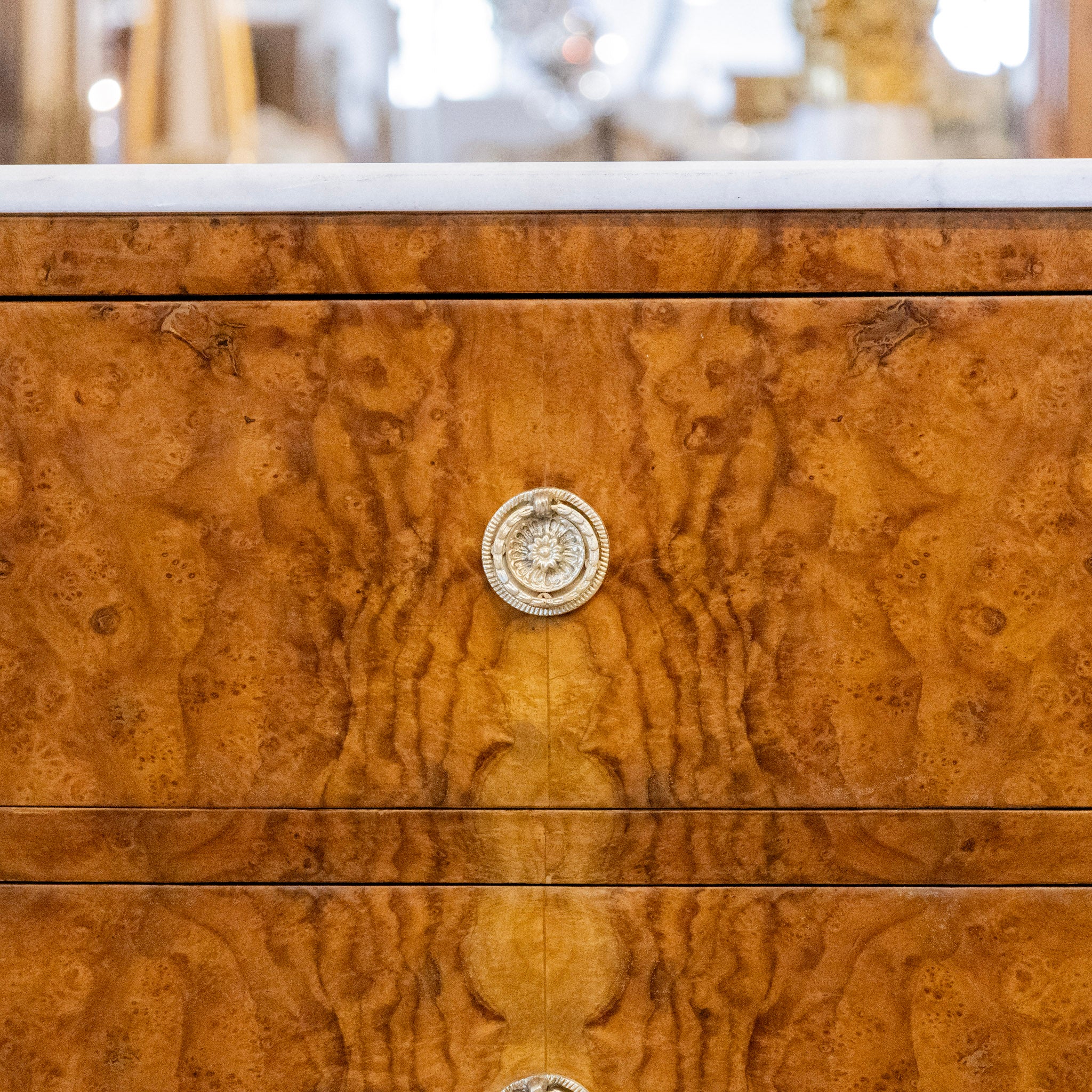 Art Deco Burl Wood Nightstand – White Marble Top & Brass Pulls - Image 7