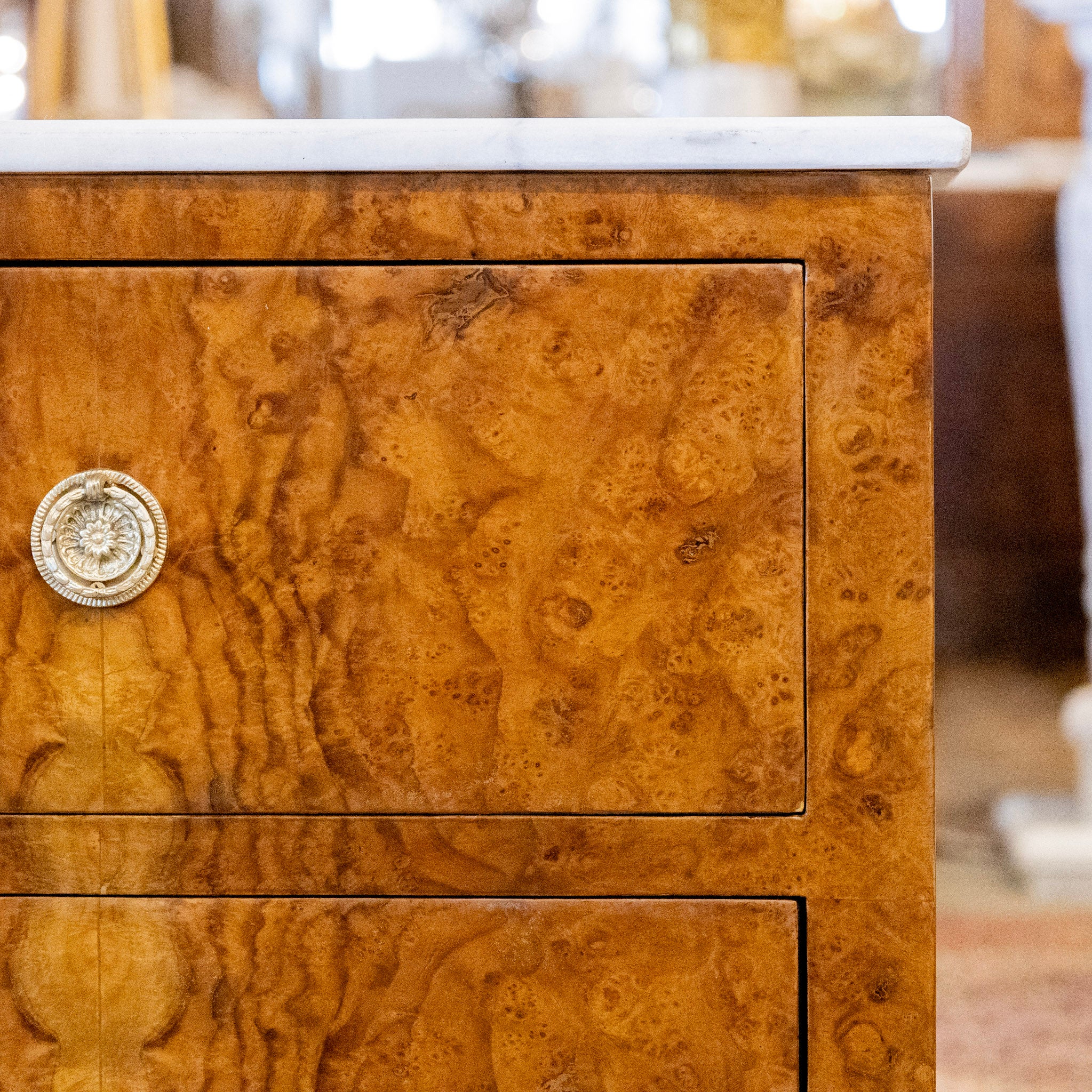 Art Deco Burl Wood Nightstand – White Marble Top & Brass Pulls - Image 8