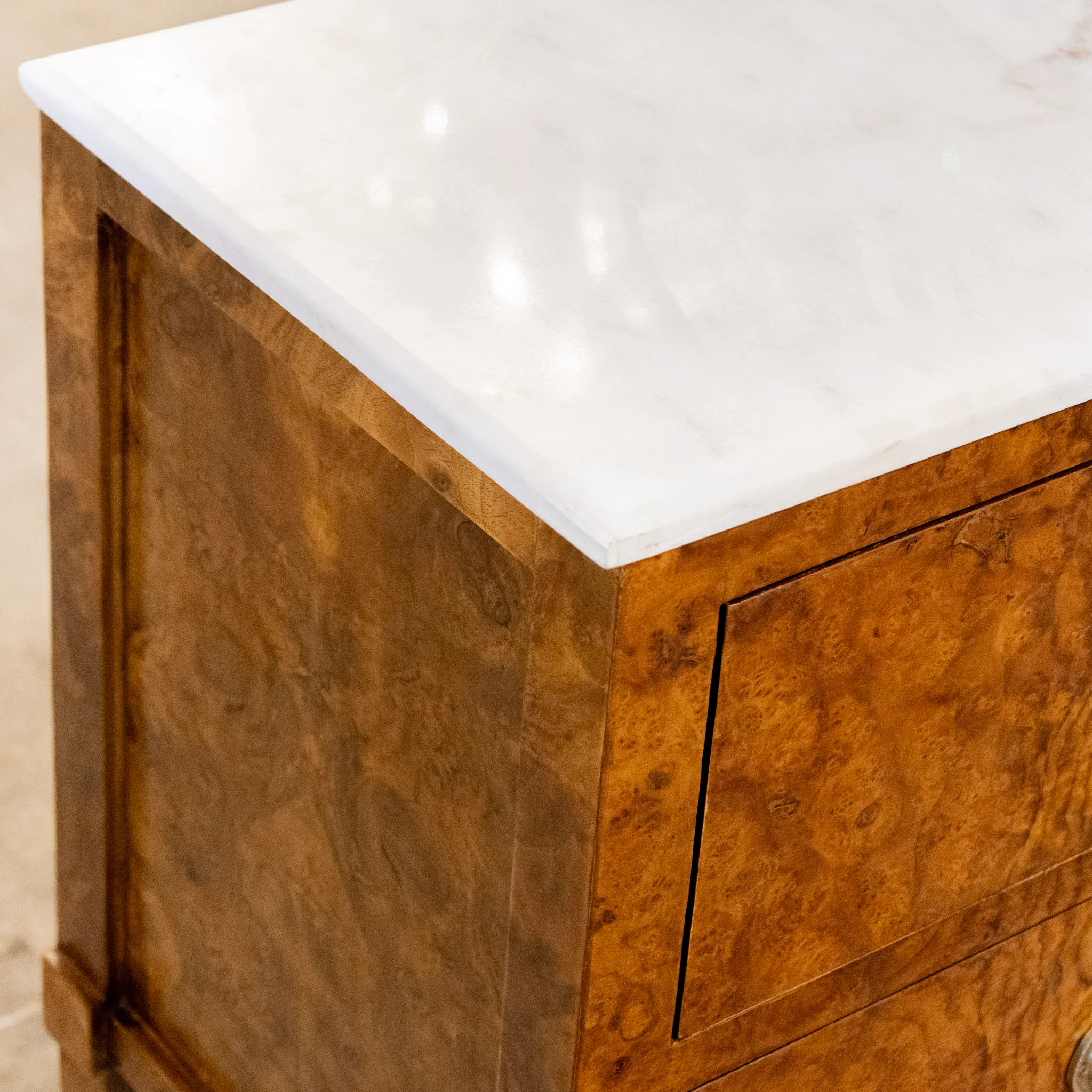 Art Deco Burl Wood Nightstand – White Marble Top & Brass Pulls - Image 9