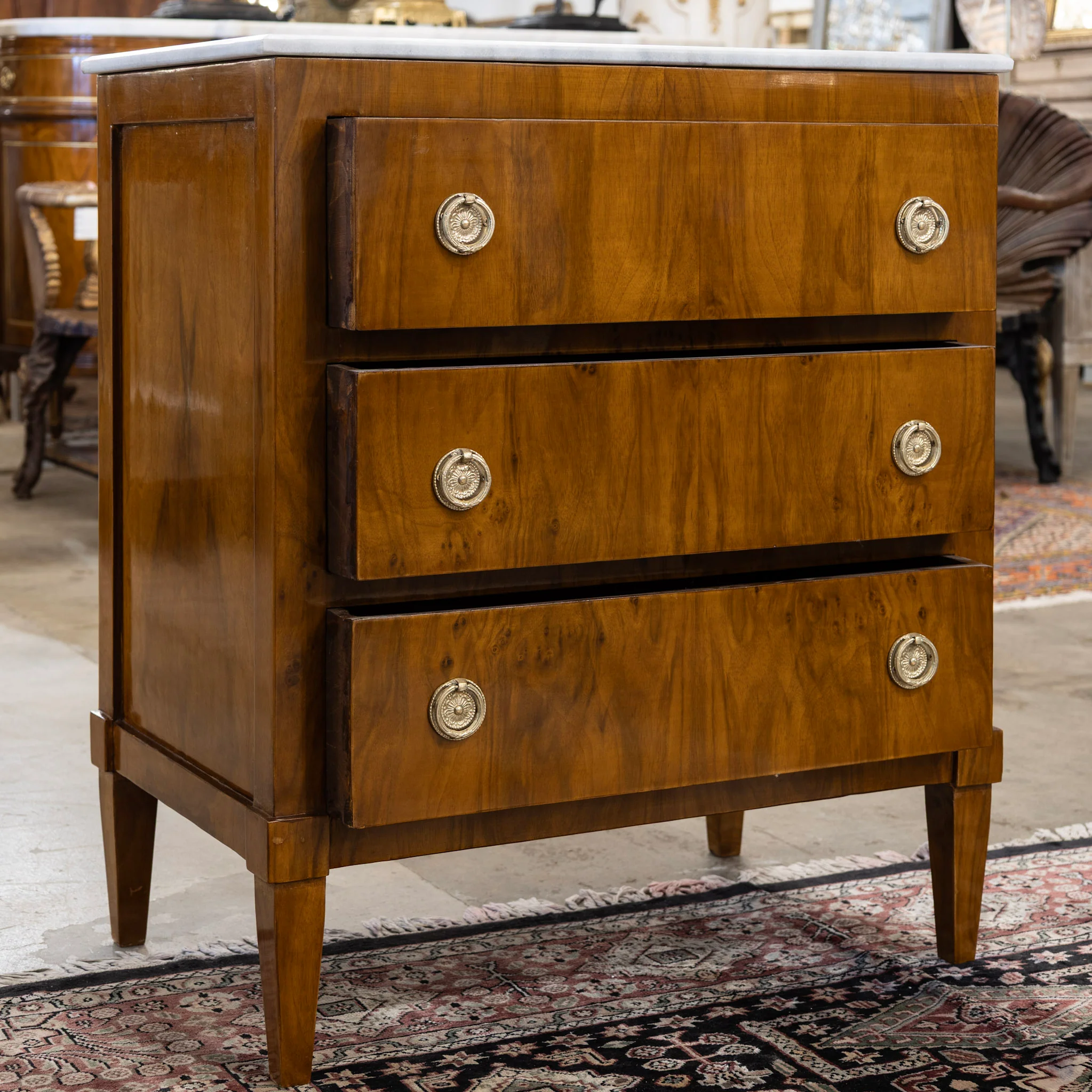 Art Deco 3-Drawer Nightstand – Burl Wood & White Marble Top - Image 3