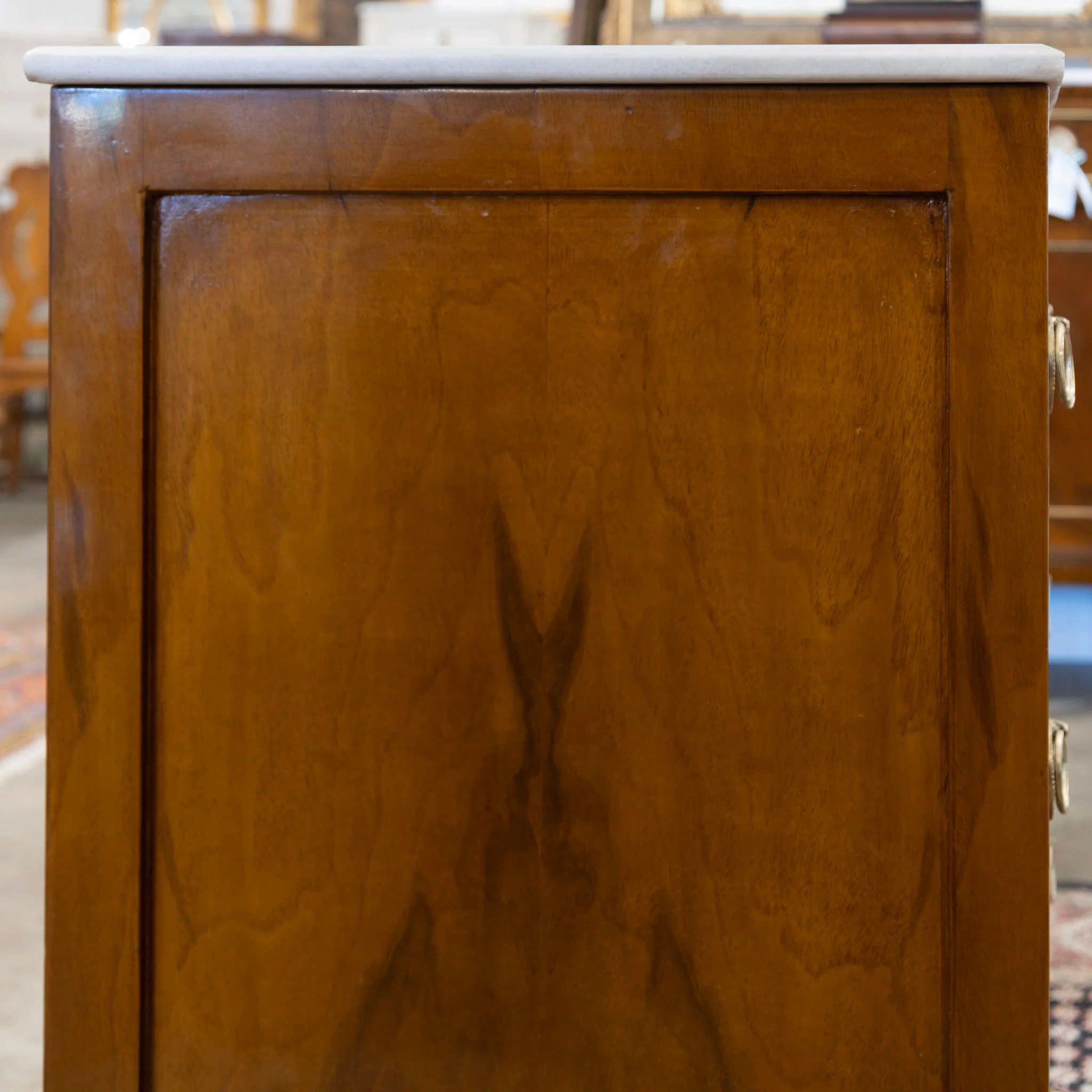 Art Deco 3-Drawer Nightstand – Burl Wood & White Marble Top - Image 5