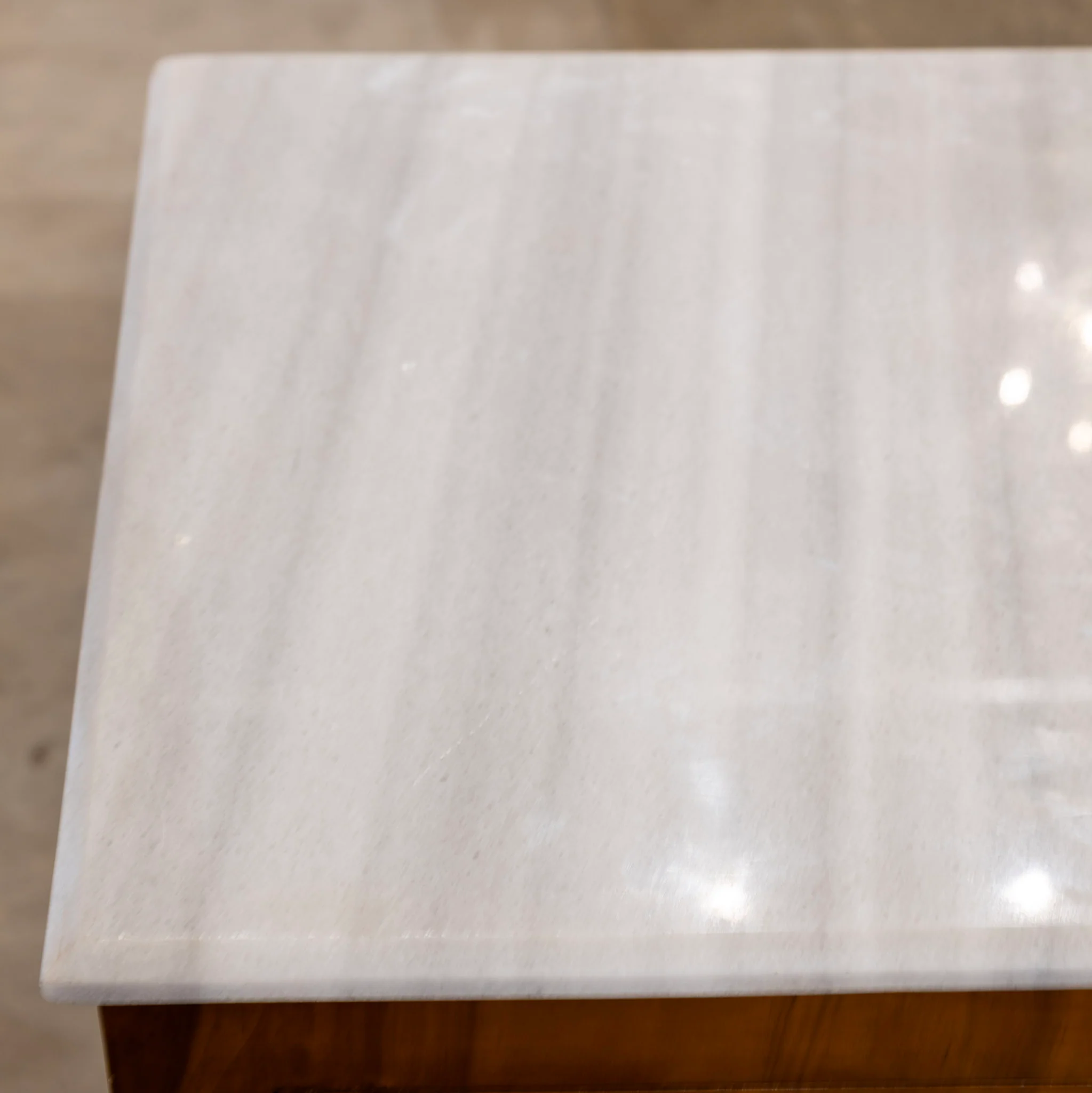 Art Deco 3-Drawer Nightstand – Burl Wood & White Marble Top - Image 6