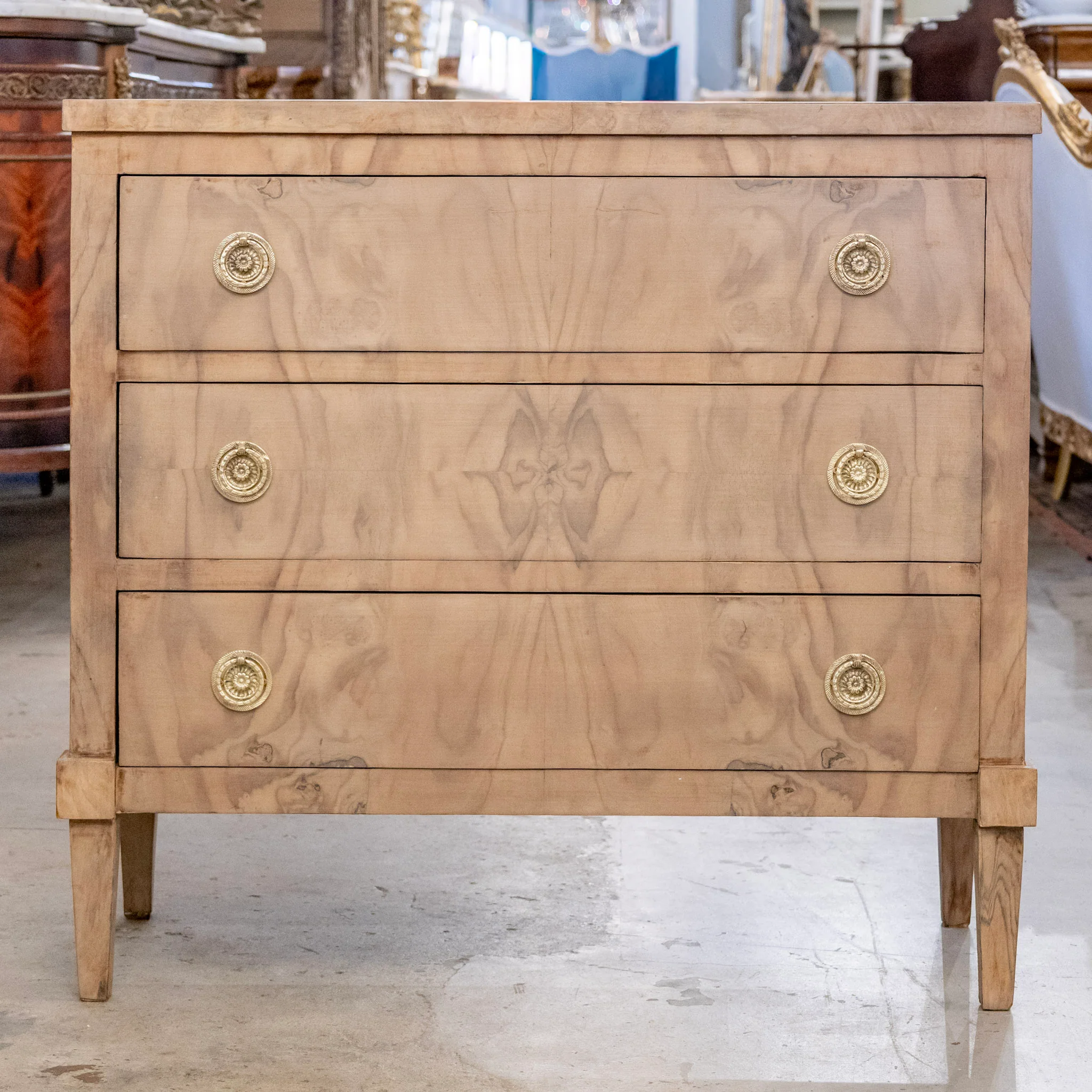 Art Deco Nightstand - Stripped Burl Wood & Brass Pulls