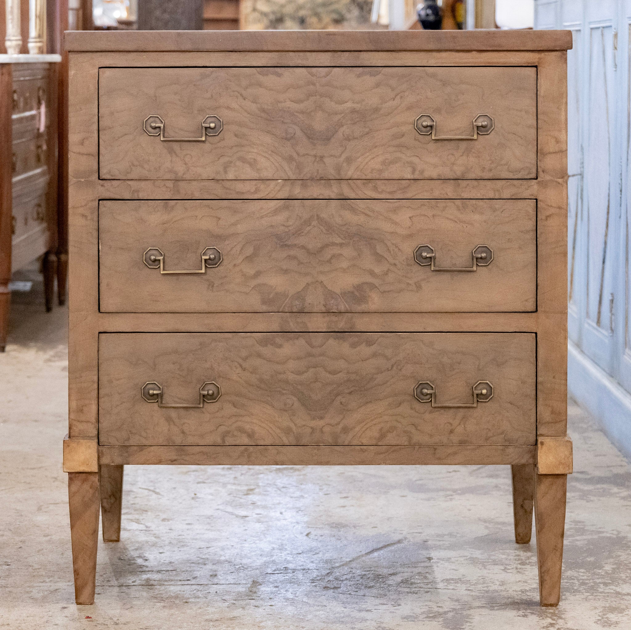 Art Deco Nightstand - Stripped Burl Wood & Brass Square Pulls