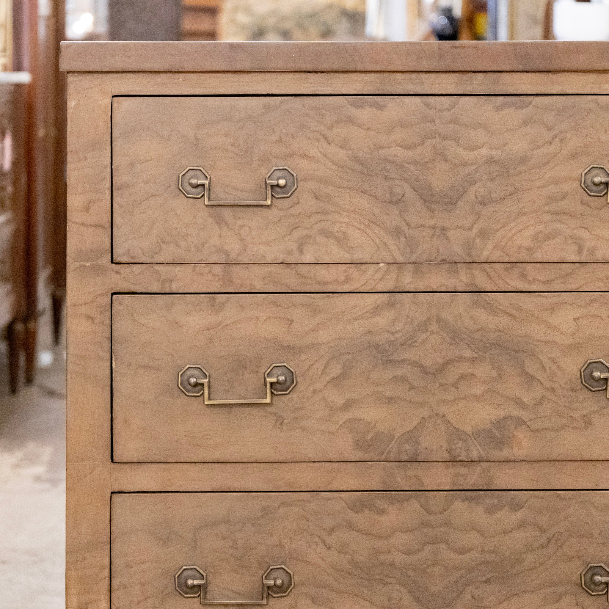 Art Deco Nightstand - Stripped Burl Wood & Brass Square Pulls - Image 2