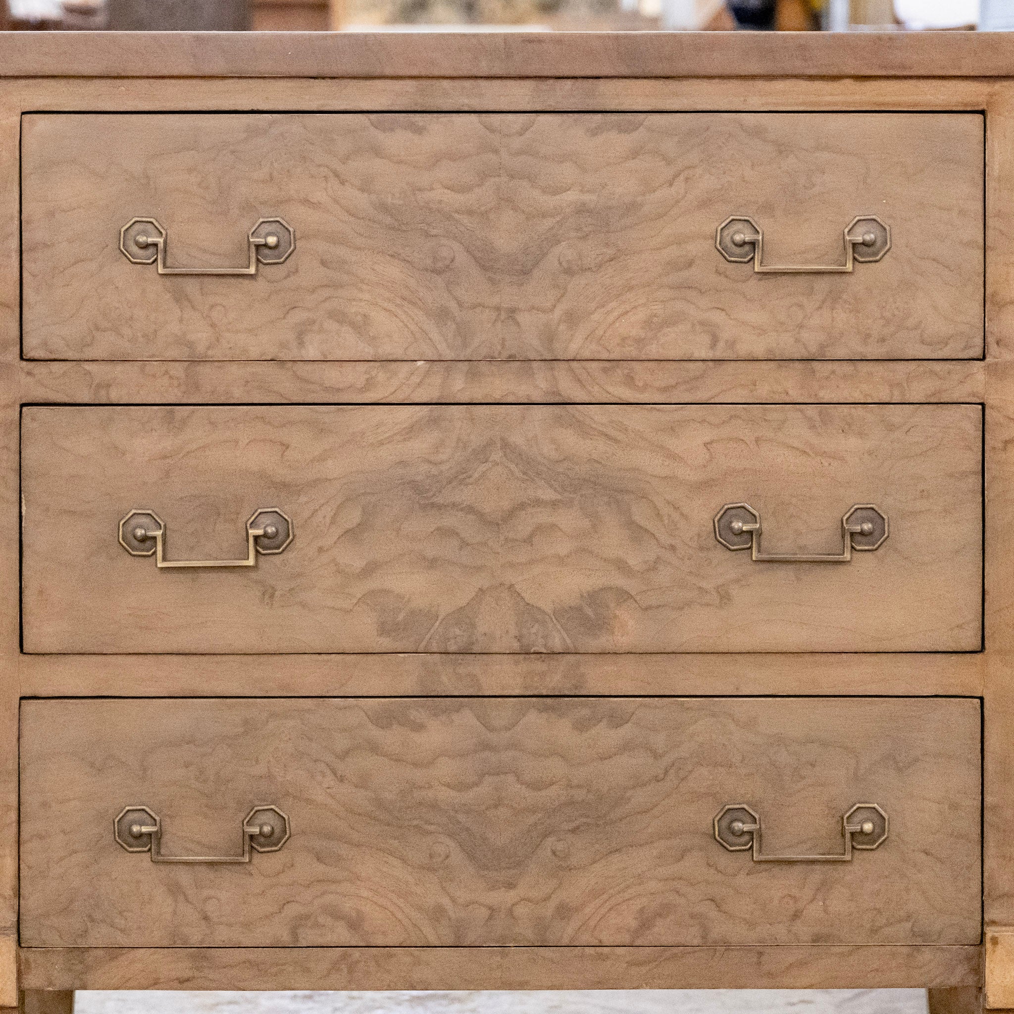 Art Deco Nightstand - Stripped Burl Wood & Brass Square Pulls - Image 3