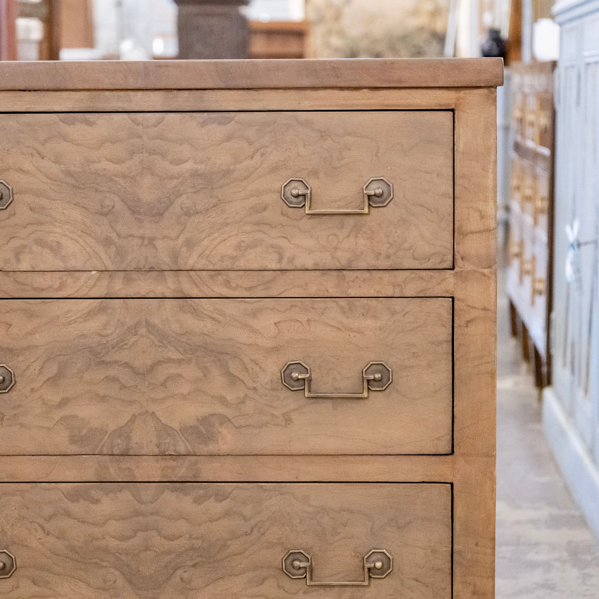 Art Deco Nightstand - Stripped Burl Wood & Brass Square Pulls - Image 4