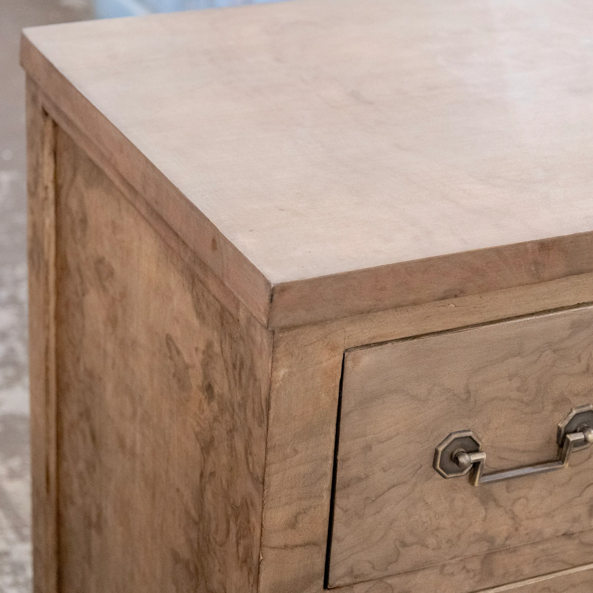 Art Deco Nightstand - Stripped Burl Wood & Brass Square Pulls - Image 5