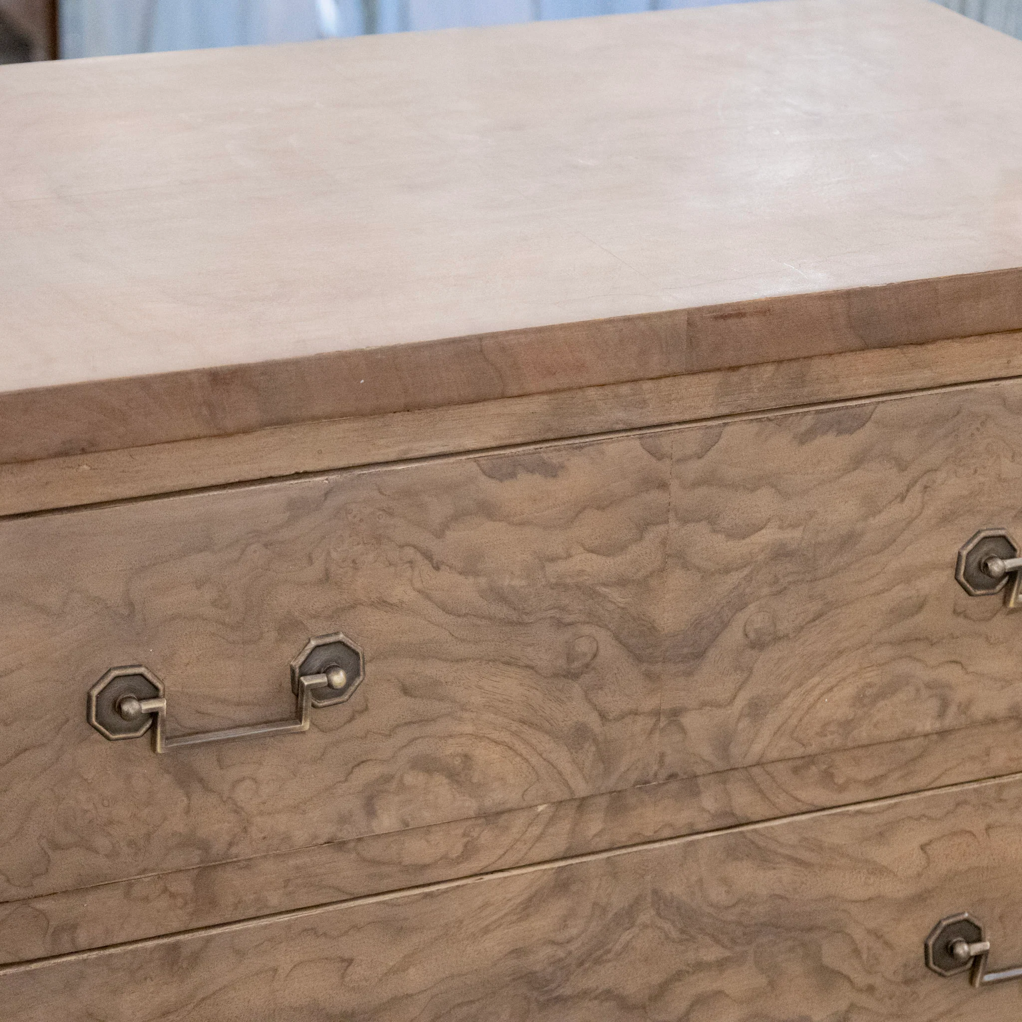 Art Deco Nightstand - Stripped Burl Wood & Brass Square Pulls - Image 6