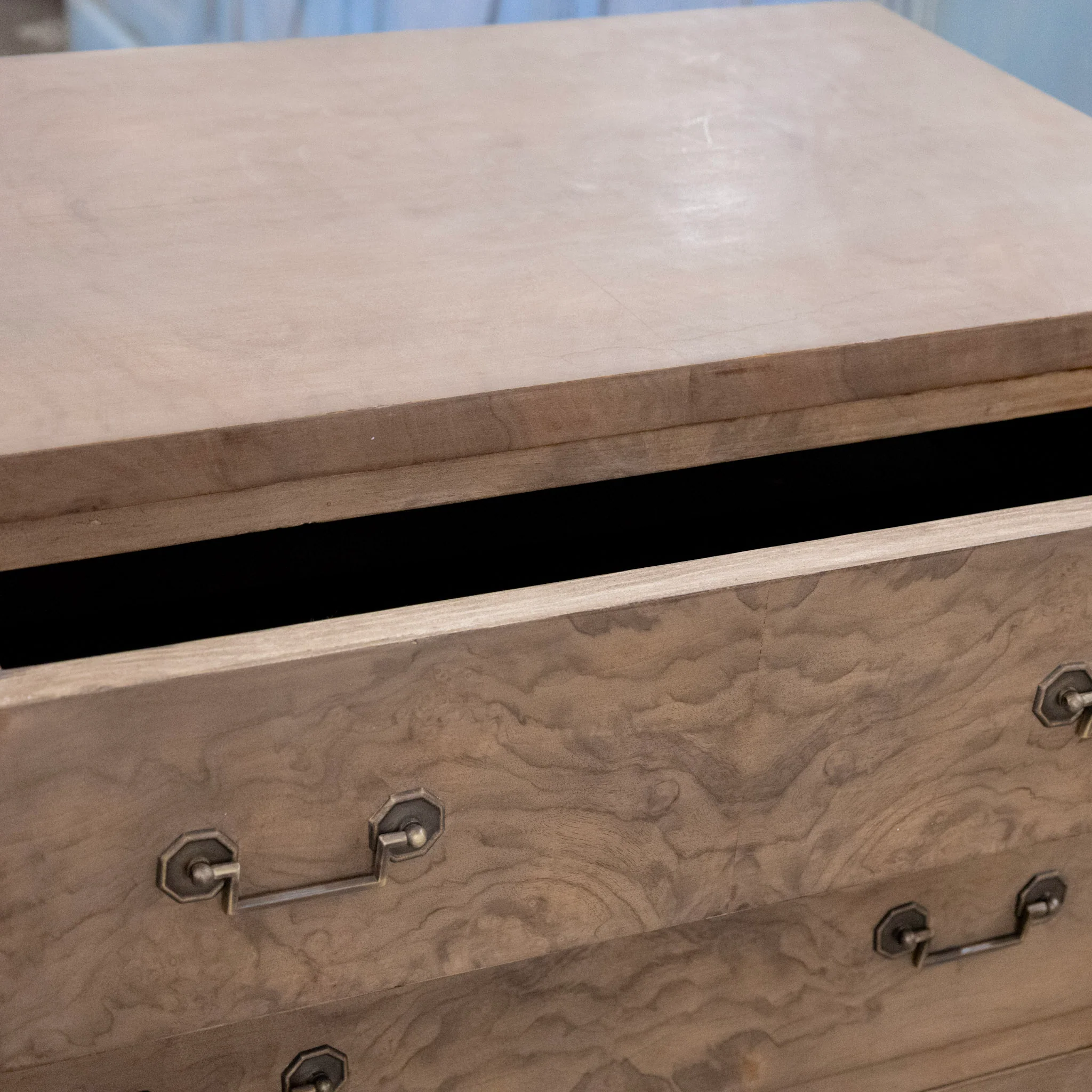 Art Deco Nightstand - Stripped Burl Wood & Brass Square Pulls - Image 7